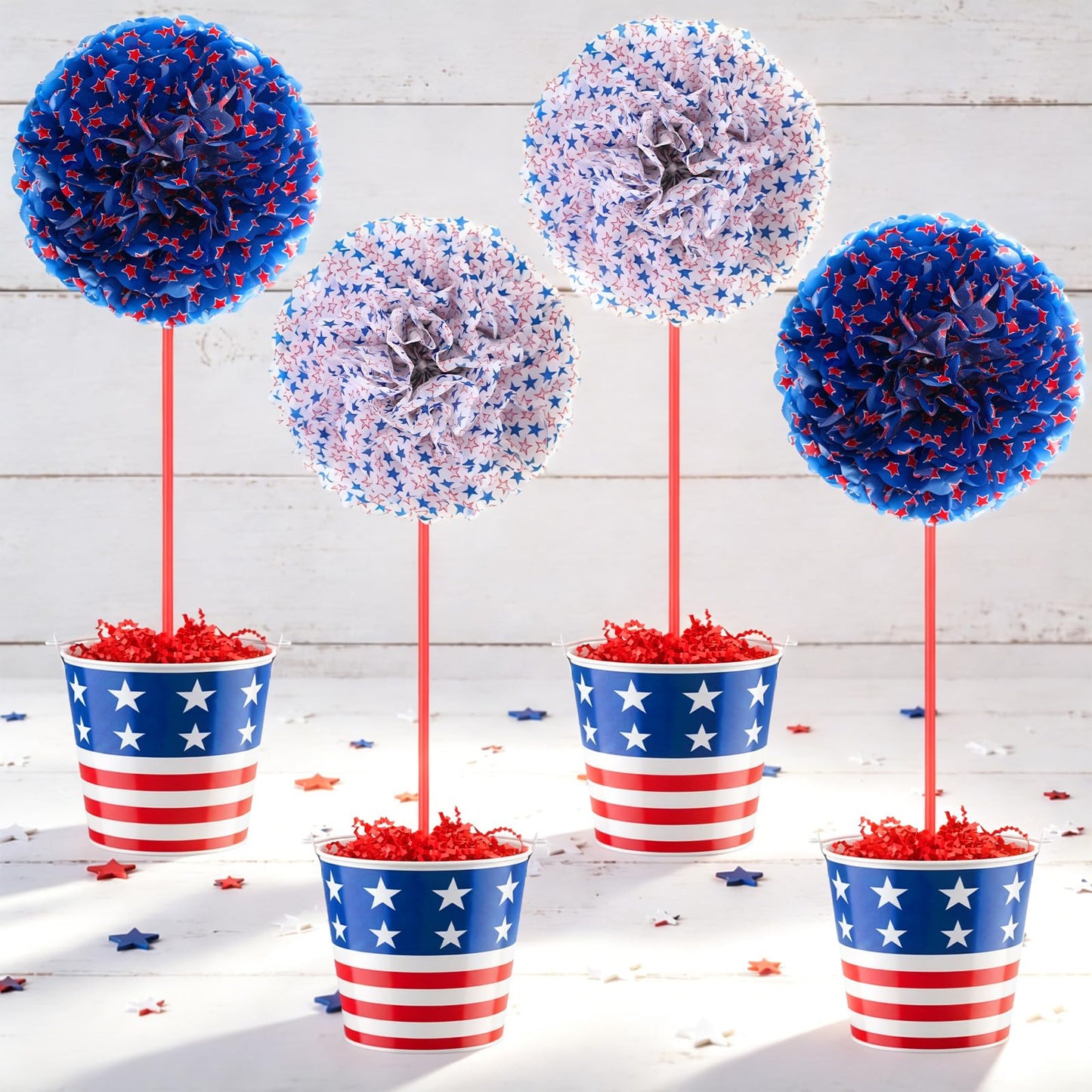 4 Set 18'' Large 4th of July Patriotic Table Centerpiece Decor DIY American Flag Metal Pail Bucket with 16'' Red White Blue Star Pom Pom 3D 250th Anniversary Table Decor Raffia