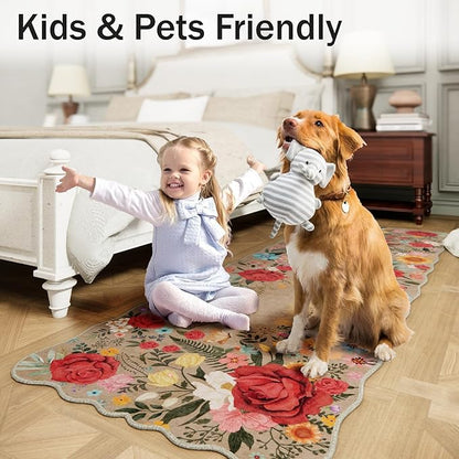 Kitchen Rug Runners for Hallways: 2x6 Washable Runner Rugs for Kitchen Ultra Thin Stain Resistant Non Slip Low Pile Lightweight Vintage Floral Carpet for Laundry Room, Bedside Decor (Khaki)