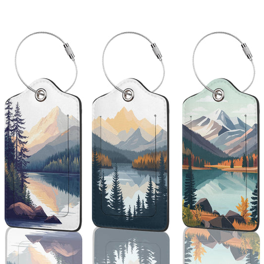 3 Pack Luggage Tag for Suitcase Leather Travel Cruise Luggage Tag with Stainless Steel Loop Name ID Label Privacy Cover for Adults Teens Travel Bag Labels Set (Mountain Forest Lake)