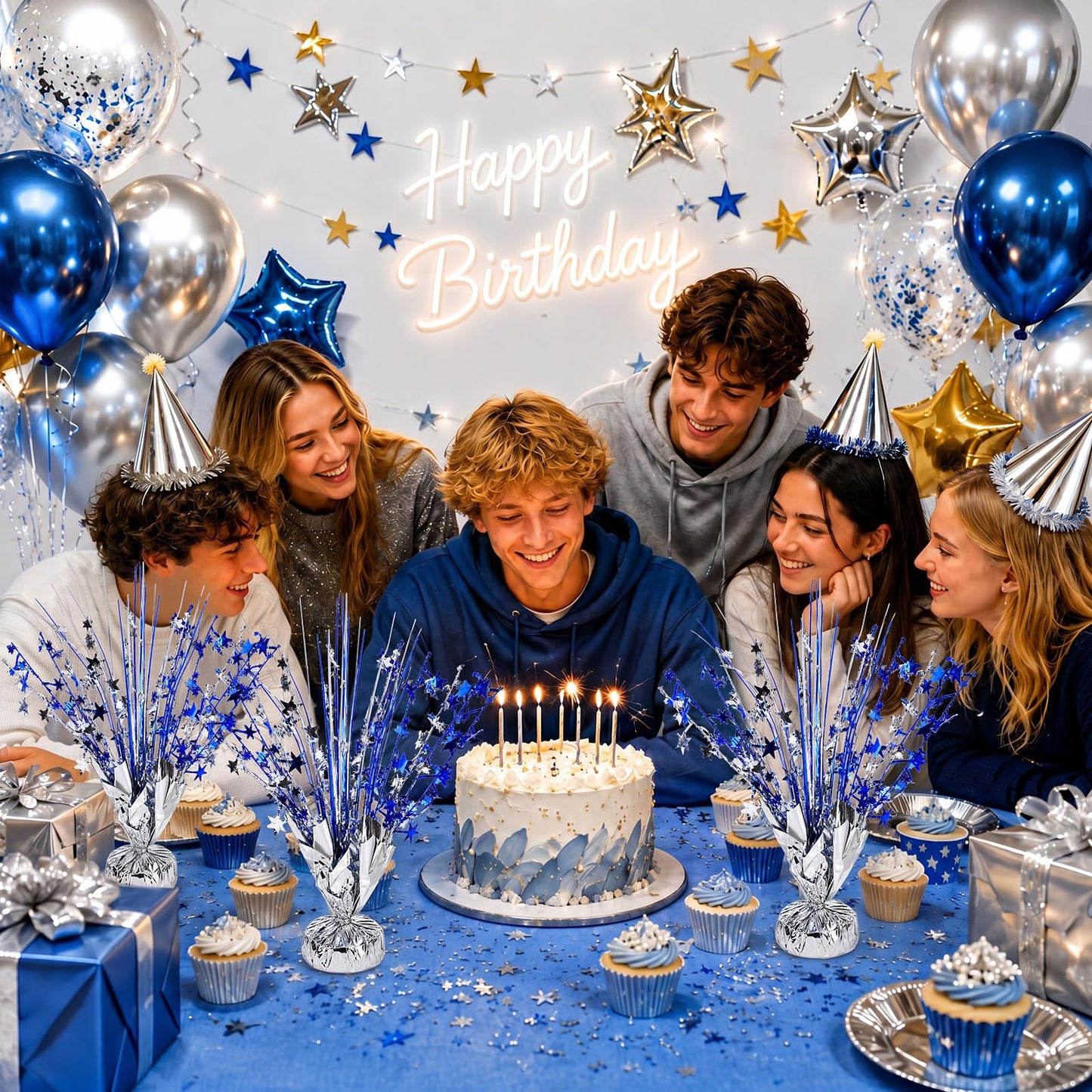 SiliFine 18 Pack Metallic Foil Spray Centerpiece Blue Silver Star Table Decoration Burst Glitter Table Topper Decor for Birthday Wedding Graduation Back to School Shower Party Supplies Decor