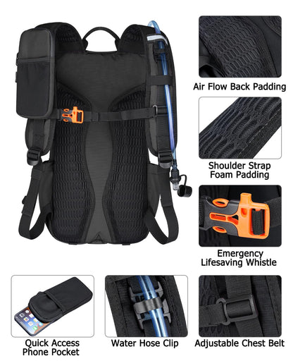 NOOLA Hydration Hiking Backpack with 3L Water Bladder - 22L Water Backpack for Cycling, Running, Biking - Lightweight Hiking Pack Bag with Rain Cover, Phone Holder and Trekking Pole Holders, Black