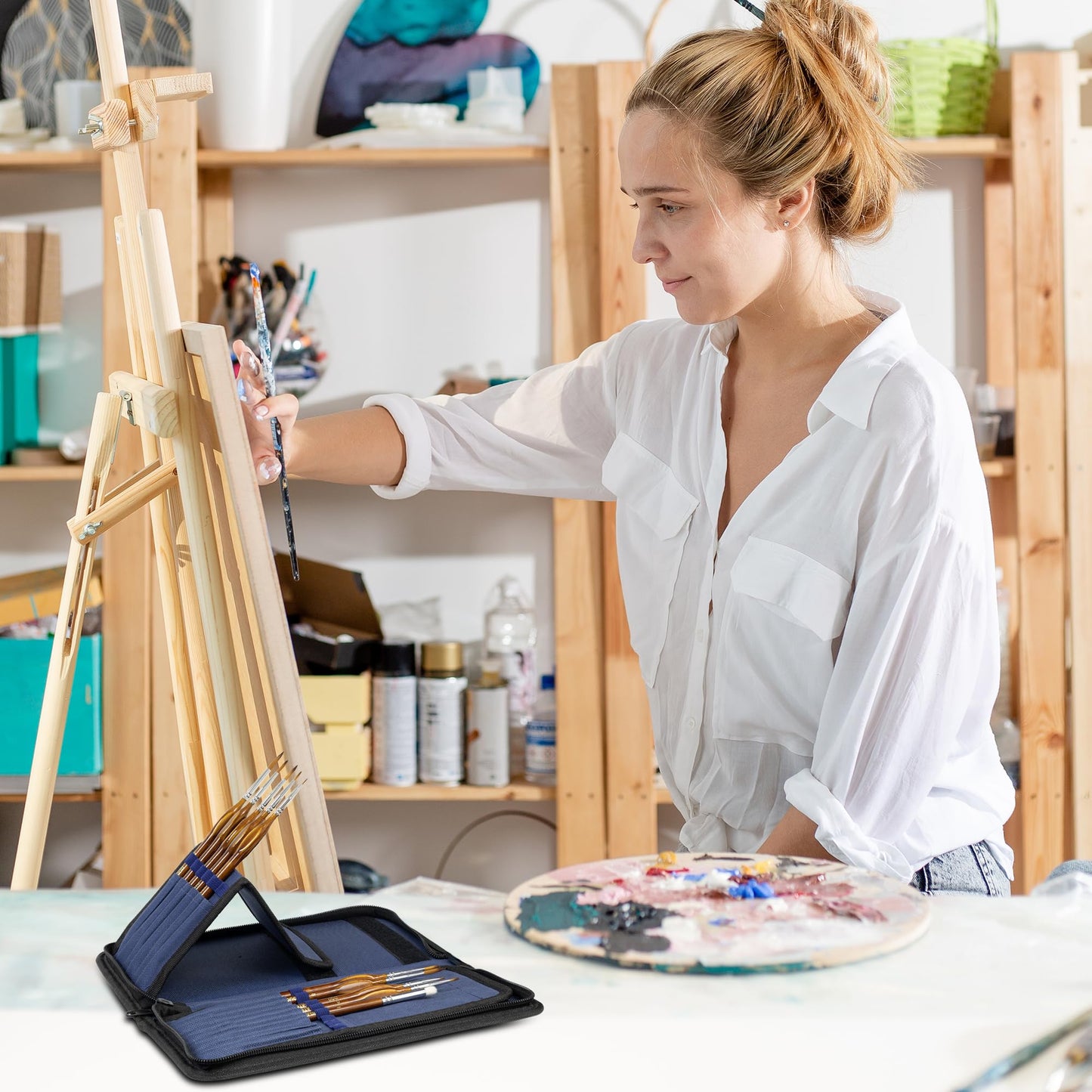 DUGATO Short Paint Brush Holder & Organizer 5.4x10.7 Inches, Blue Canvas Bag for Brushes up to 9.3" Length, Case with 15 Slots, Artist Brush Carrying Case (Brush Not Included)