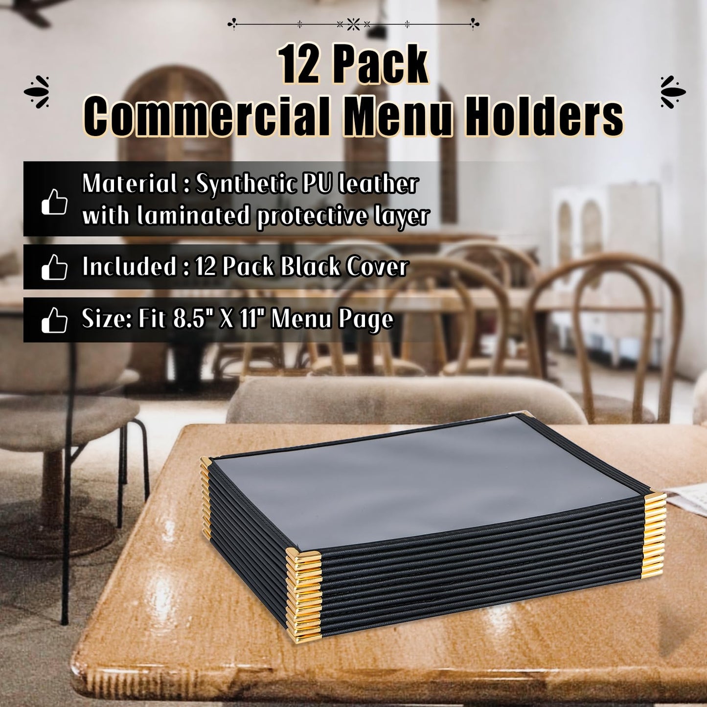 FLKQC Restaurant Menu Covers 8.5 x 11" with PVC Cover, 12 Pack Synthetic Leather Menu Holder Covers with Protective Layer, Book Style, Black, Perfect for Wine List, Laminated Menu Covers (12, 1 Page)