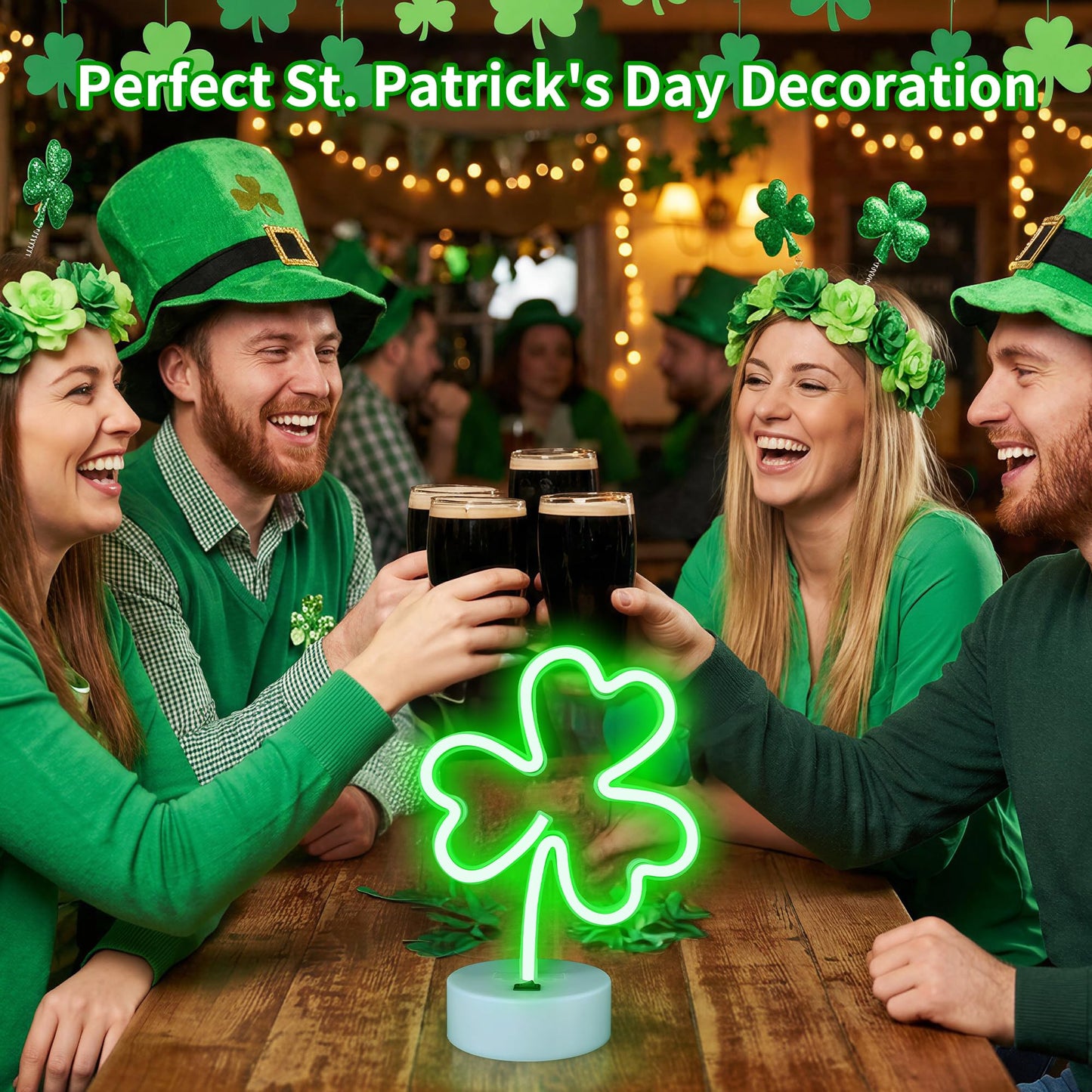 St Patrick's Day Shamrock Light - Patrick Party Neon Sign Decoration - Green Clover LED Night Light - USB or Battery Powered Table Lamp - Lucky Shamrocks Gifts for Kids - Decor for Window Room Bedroom