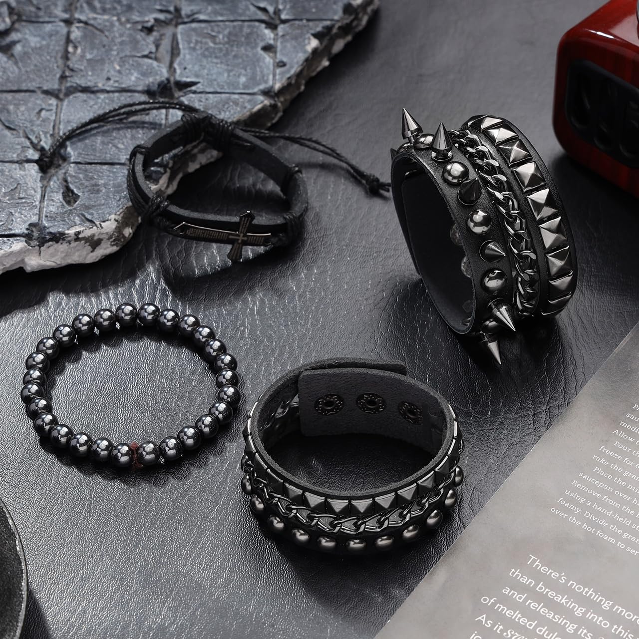 Eigso Punk Cross Leather Cuff Bracelets for Men Women Retro Vintage Chain Bracelet Set for Man Woman