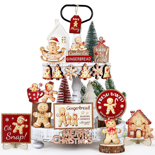 23 Pcs Christmas Tiered Tray Decor - Christmas Decorations Indoor for Tray Decor Gingerbread Table Centerpieces with Snowflake, Xmas Tree, Gingerbread Man Wooden Signs for Home Shelf Decor