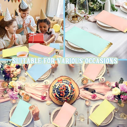 Estune 100 Pack Pastel Napkins with Gold Foil Scalloped Edge 4 x 8 Inch 2 Ply Disposable Thick Paper Cocktail Napkins Unicorn Party Decor for Wedding Dinner Birthday Tea Party Supplies(Multi Color)