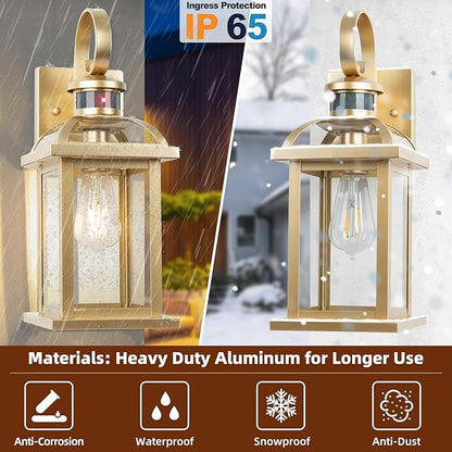 Gold Motion Sensor Outdoor Light Fixtures Dusk to Dawn 2-Pack, 16 Inch Aluminum Anti-Rust Large Brass Outdoor Sconces Wall Mounted Lamps Photocell Outside Lights for House Front Porch