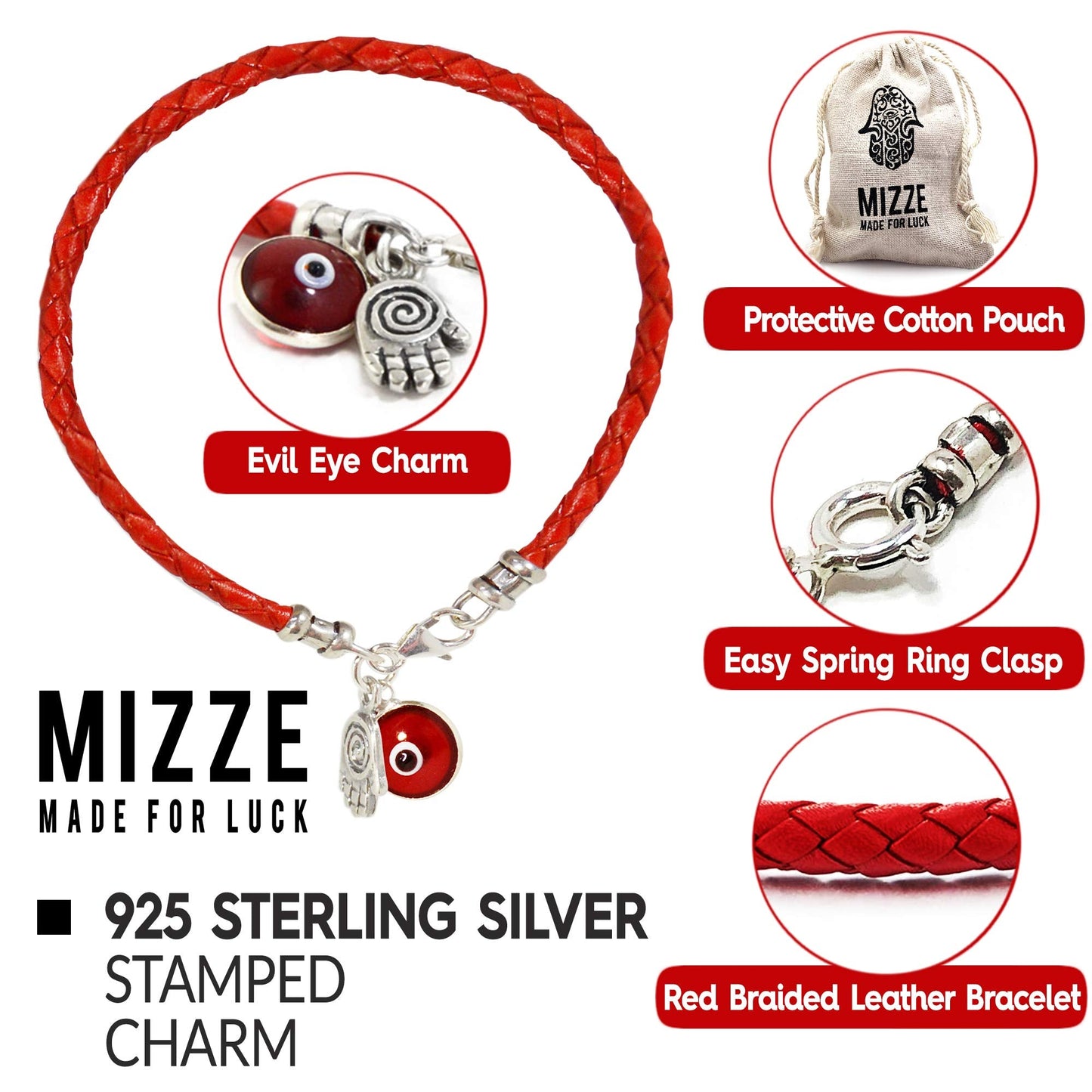 Hamsa Hand Protection Bracelet for Women - 7" Silver Hamsa Charm on Red Leather Evil Eye Bracelet - Ojo Jewelry - Birthday Anniversary Friendship Gift