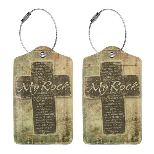 Teery-YY Christian Religious Bible Verse The Lord is My Rock Pattern 2 PCS Luggage Tags Privacy Name ID Card Baggage Labels with Stainless Steel Loop PU Leather for Travel Suitcase Bag, Black