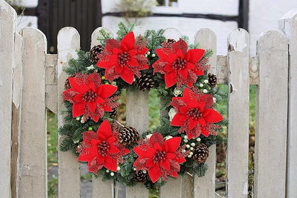 RECUTMS 10 PCS Red Glitter Poinsettia Flowers Christmas Tree Ornaments Fake Christmas Flowers Artificial Christmas Flowers Decorations Wedding Xmas Tree New Year Ornaments Wreath Decoration(Red)