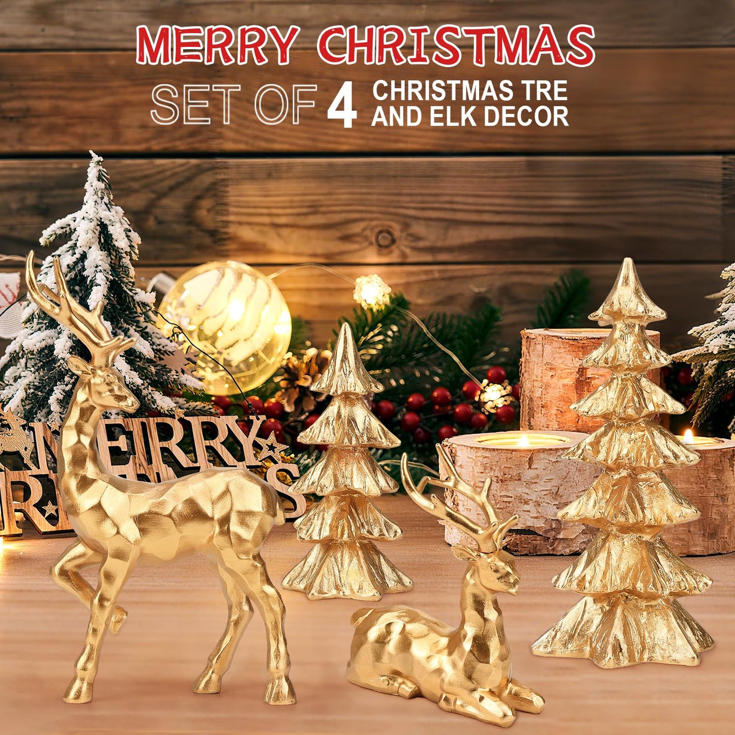 DARCKLE 4-Piece Gold Christmas Tree Figurines and Resin Elk Sculpture Small Resin Christmas Trees,Tabletop Tree Artificial Animal Crafts for Indoor Home Decor,Tabletop Mantle Cabinet Desktop Offic