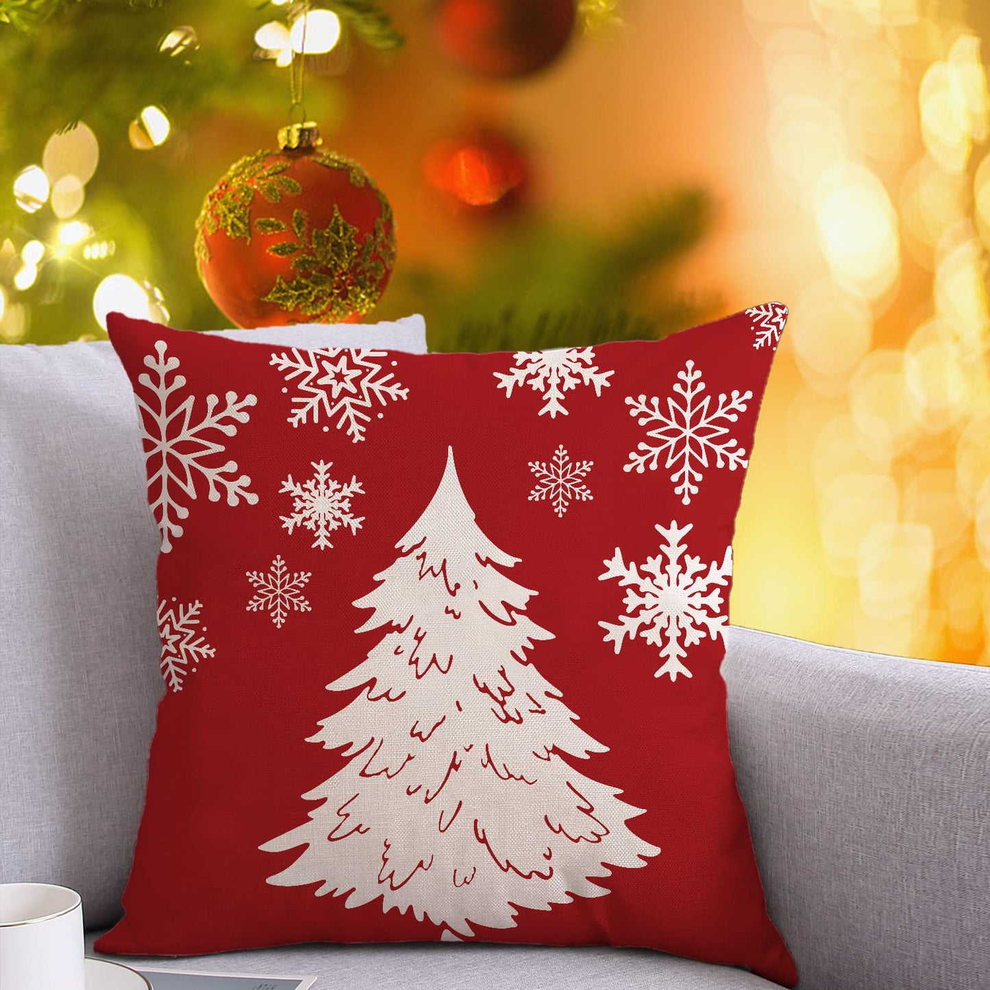 Coeufuedy Red Christmas Pillow Covers - 18x18 Inch Set of 4 Snowflake Trees & Deer Decorative Cushions for Home & Sofa