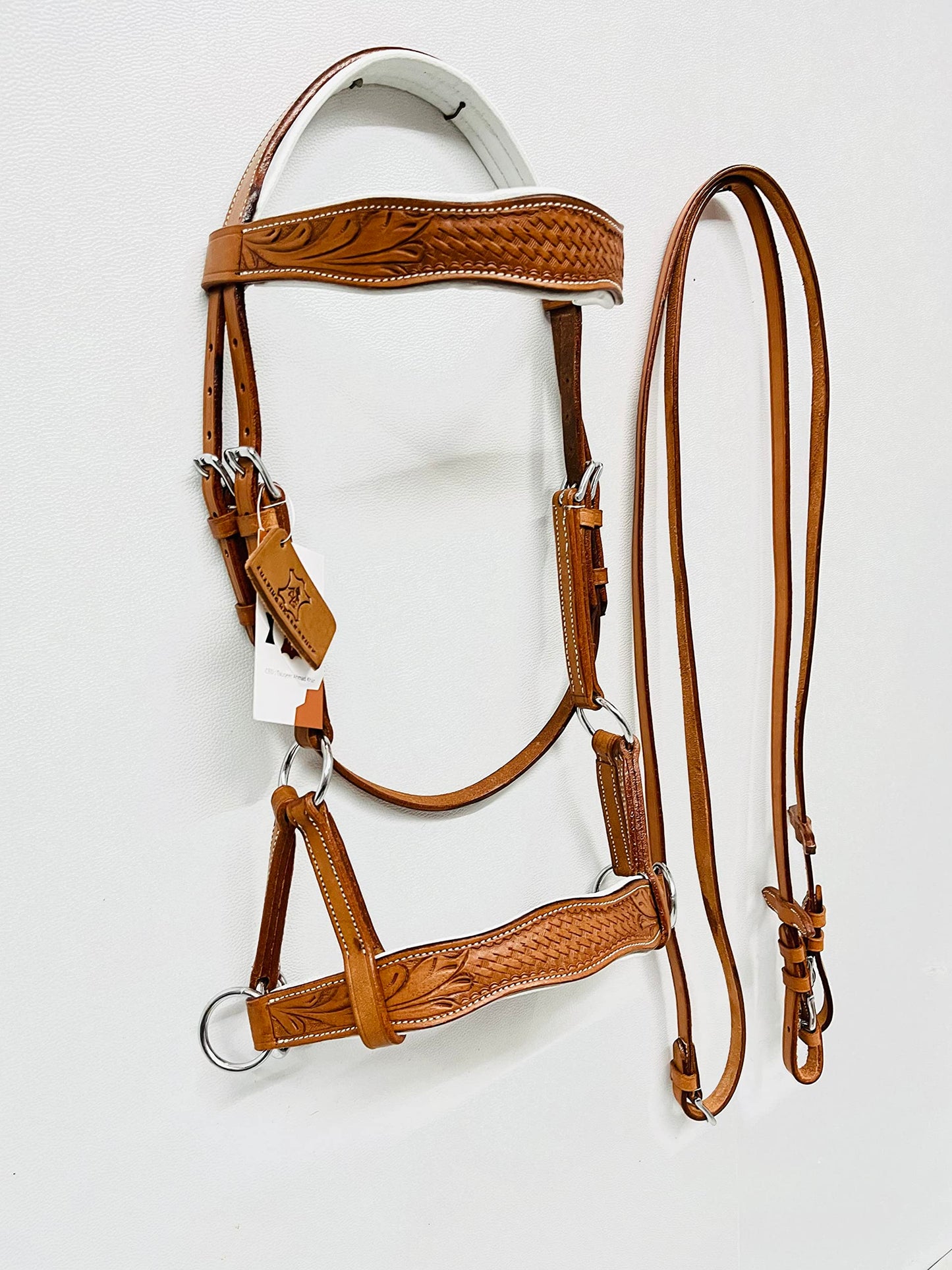 AMAZING HORSE STUFF Sidepull Bitless Bridle with Designer Hand Carving On Browband & Noseband Curved Shaped Natural (Full)