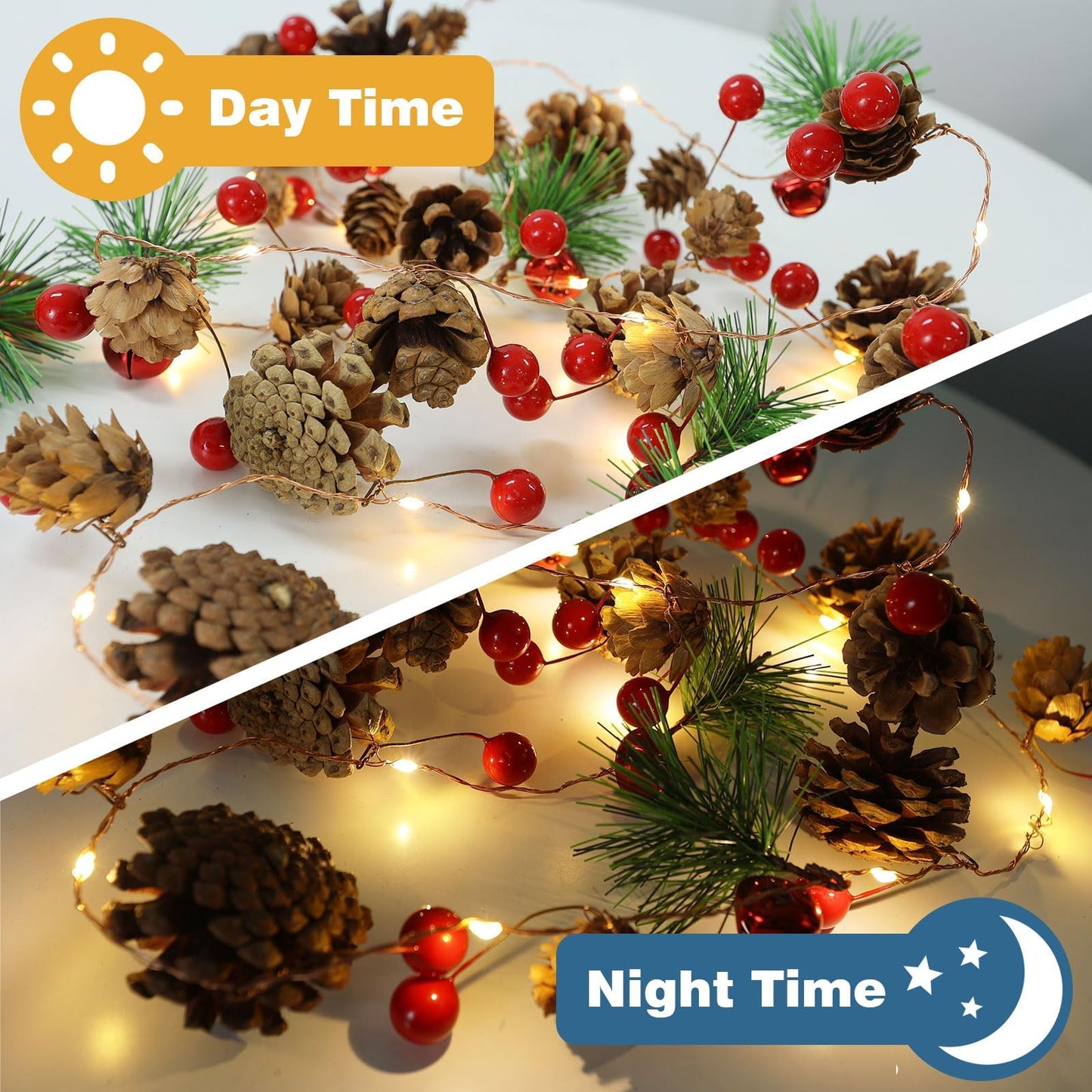 Christmas Garland with Lights, 6.6FT Pinecones Christmas String Lights with Red Berries, Bells & Needles, 20 LED Battery Operated Prelit Garland for Christmas Decorations Indoor/Outdoor (Warm White)