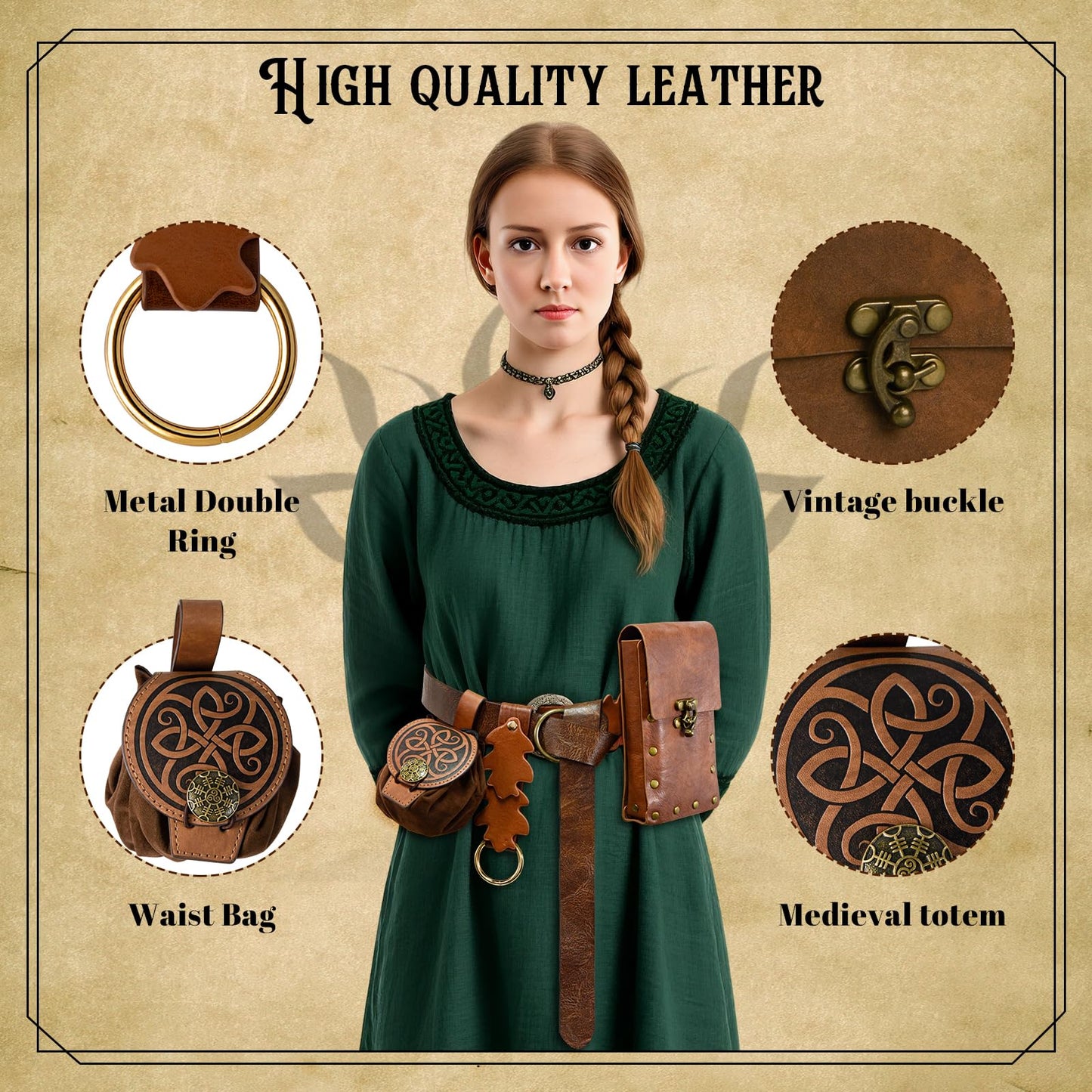 Renaissance Belt Pouch for Women, Medieval Belts Leather Waist Bag Fair Belt Renaissance Accessories for LARP Halloween Cosplay Costume (Brown-1)