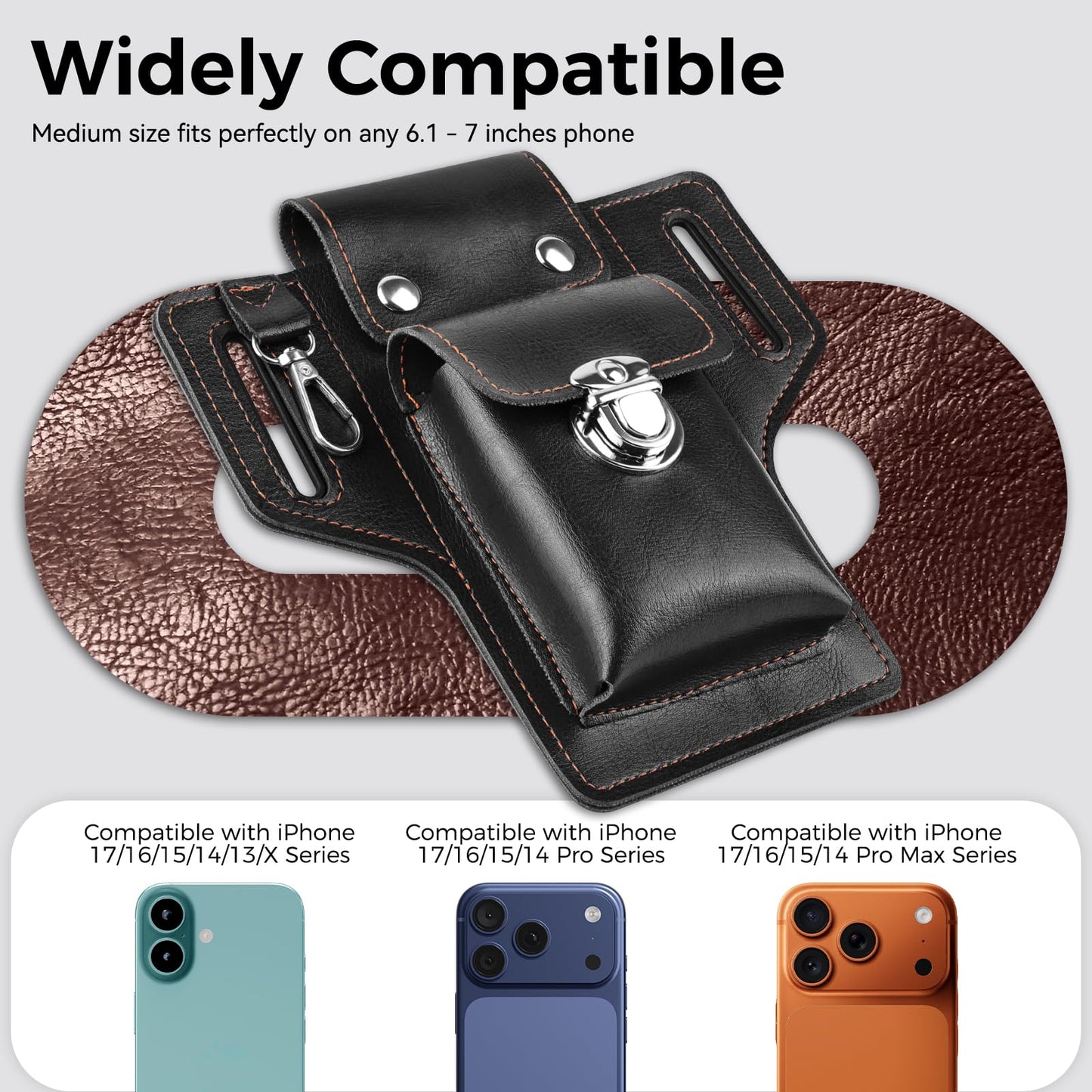 Leather Cell Phone Holster for Men, EDC Belt Pouch with Magnetic Closure & Keychain Clip, Lightweight Universal Waist Phone Case for Large Phones, Dog Walking, Travel & Hiking