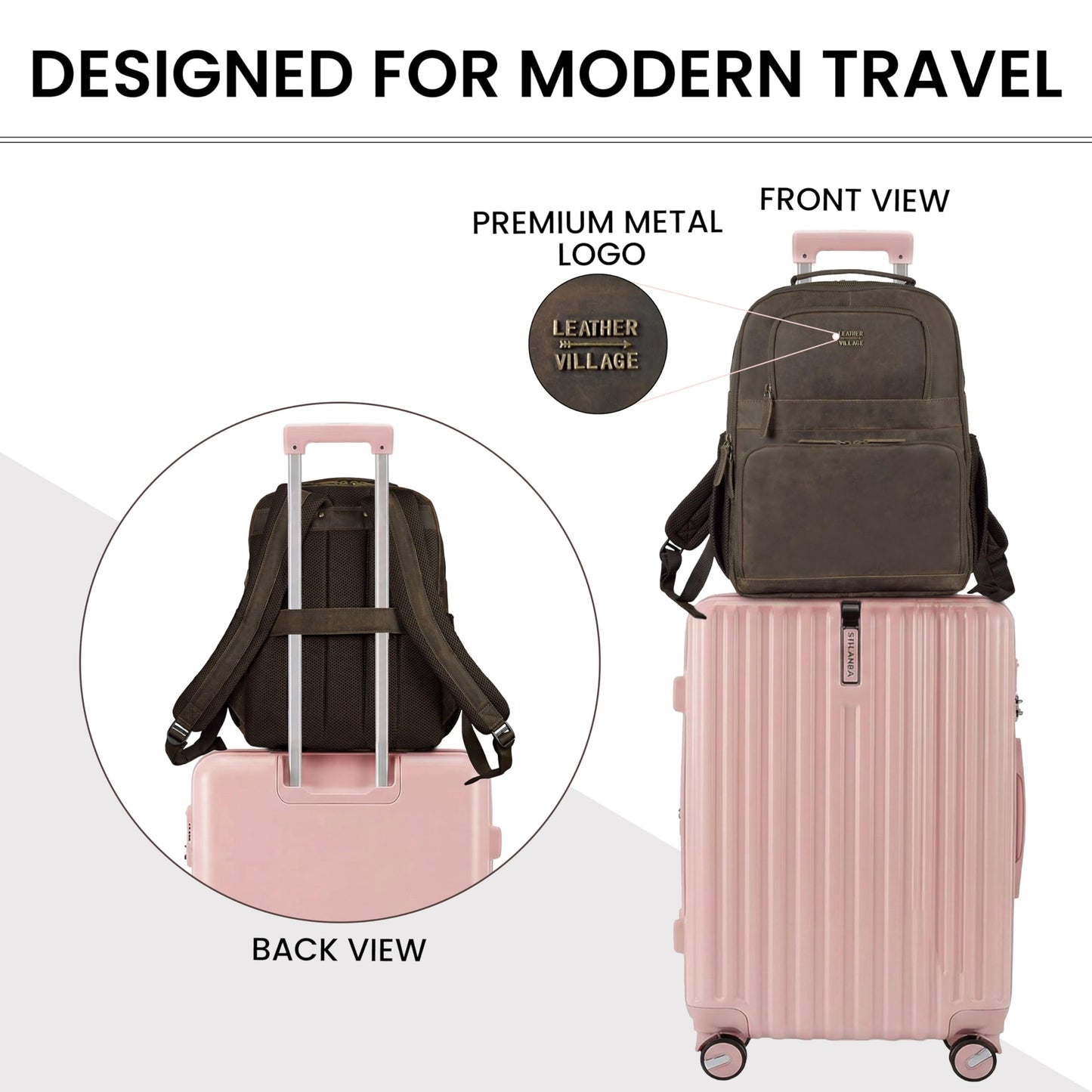 LEATHER VILLAGE Vintage Leather Laptop Backpack for Men & Women, Professional Business Bag Fits 17”- Laptop, Travel Hiking Daypack with Trolley Strap - Distressed Brown