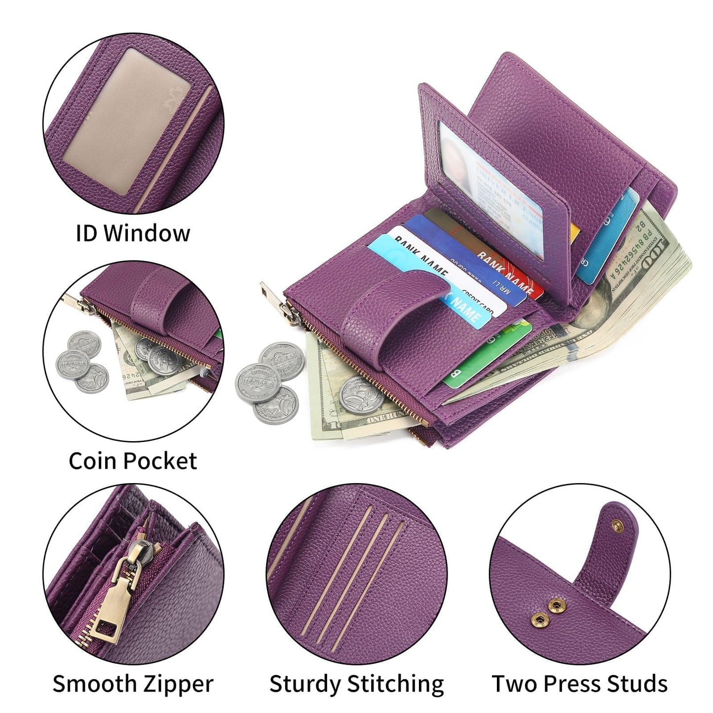GAEKEAO Small Wallet for Women, Bifold Vegan Leather RFID Blocking Ladies Compact Card Holder with Zipper Pocket & ID Window