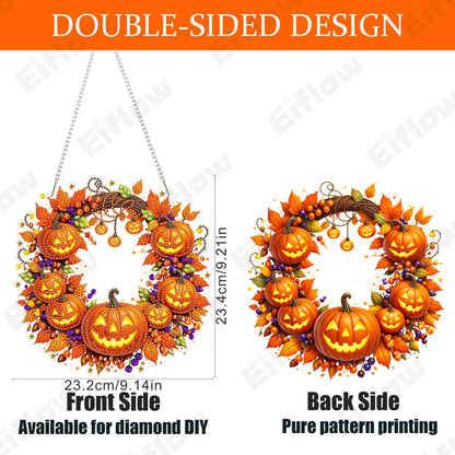 Eiflow Acrylic Diamond Art Hanging Kit for Adults Halloween, DIY Diamonds Painting Door Hanger Board Kit, Special Crystal Diamond Art Painting Pendant Ornament (Pumpkin Wreath)