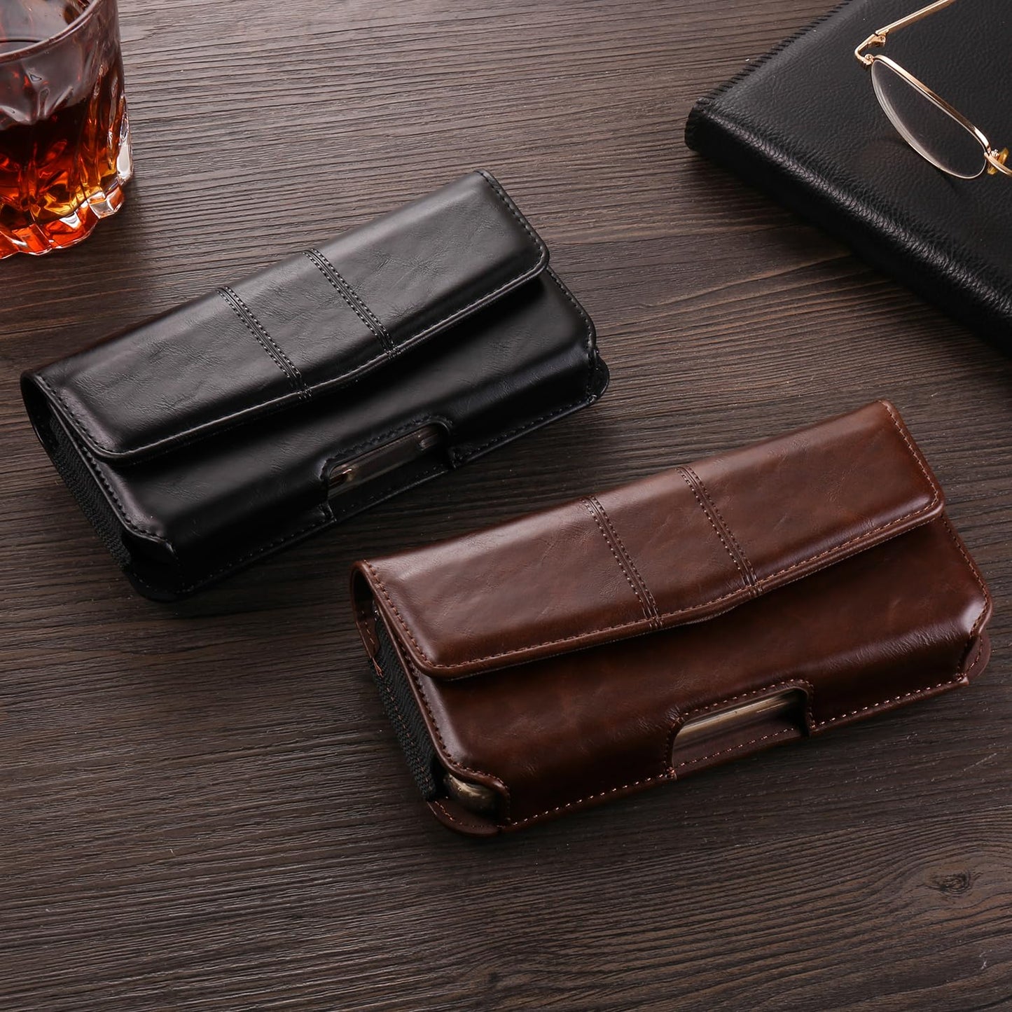INGIDO Phone Holster Compatible with iPhone 16 15 14 13 12 and Pro, Galaxy S25 S24 S23 S22 S21 S20, Leather Phone Pouch with Metal Belt Clip, M-Coffee