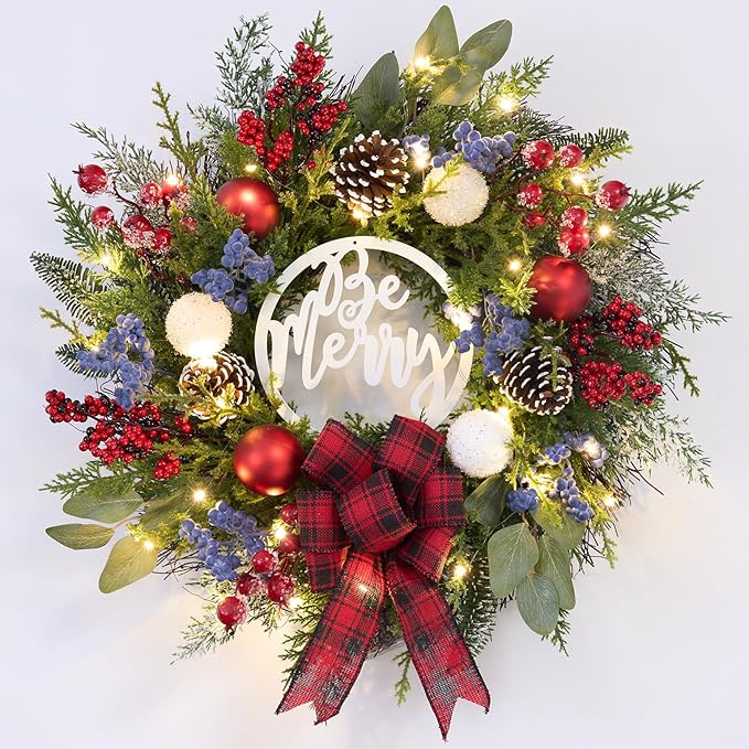 Prelit Christmas Wreath for Front Door Outside,22 inch Be Merry Wreath with red Black tarten Plaid Bow,Lighted Farmhouse Christmas decoration-30 LED Light/Timer,Winter Door Wreath, Porch Decor