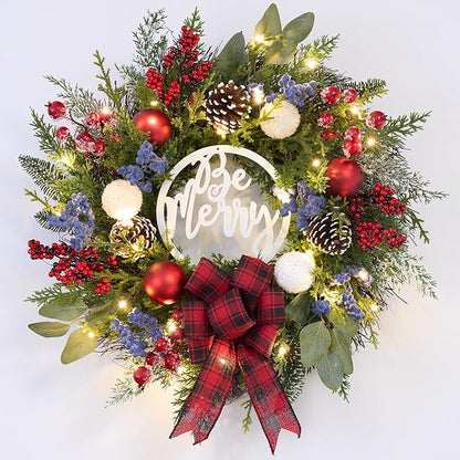 Prelit Christmas Wreath for Front Door Outside,22 inch Be Merry Wreath with red Black tarten Plaid Bow,Lighted Farmhouse Christmas decoration-30 LED Light/Timer,Winter Door Wreath, Porch Decor