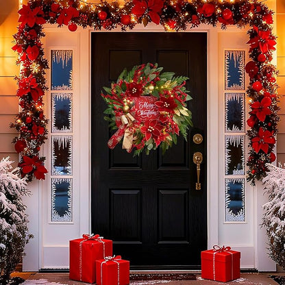 Christmas Wreath with Lights, 24 Inch Lighted Christmas Wreath for Front Door, Winter Wreath with LED Lights, red Berries, Pinecones, Gold Ball, Red Bow, Merry Christmas Sign for Indoor or Outdoor