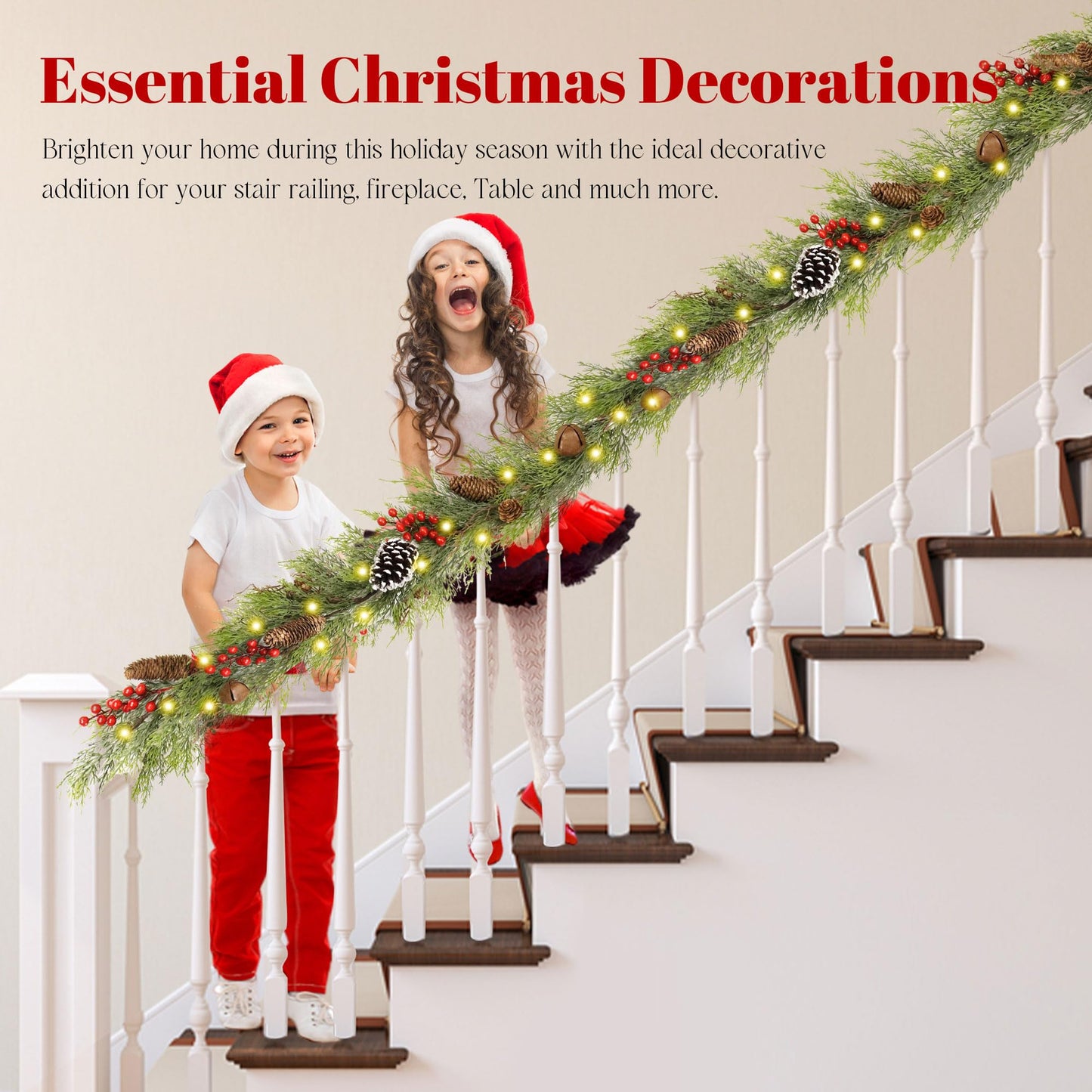 9FT Christmas Cedar Garland with Lights,Artificial Realistic Battery Operated Green Garland Christmas Decorations for Home Mantel Stairs Railing Dining Table Winter Decor