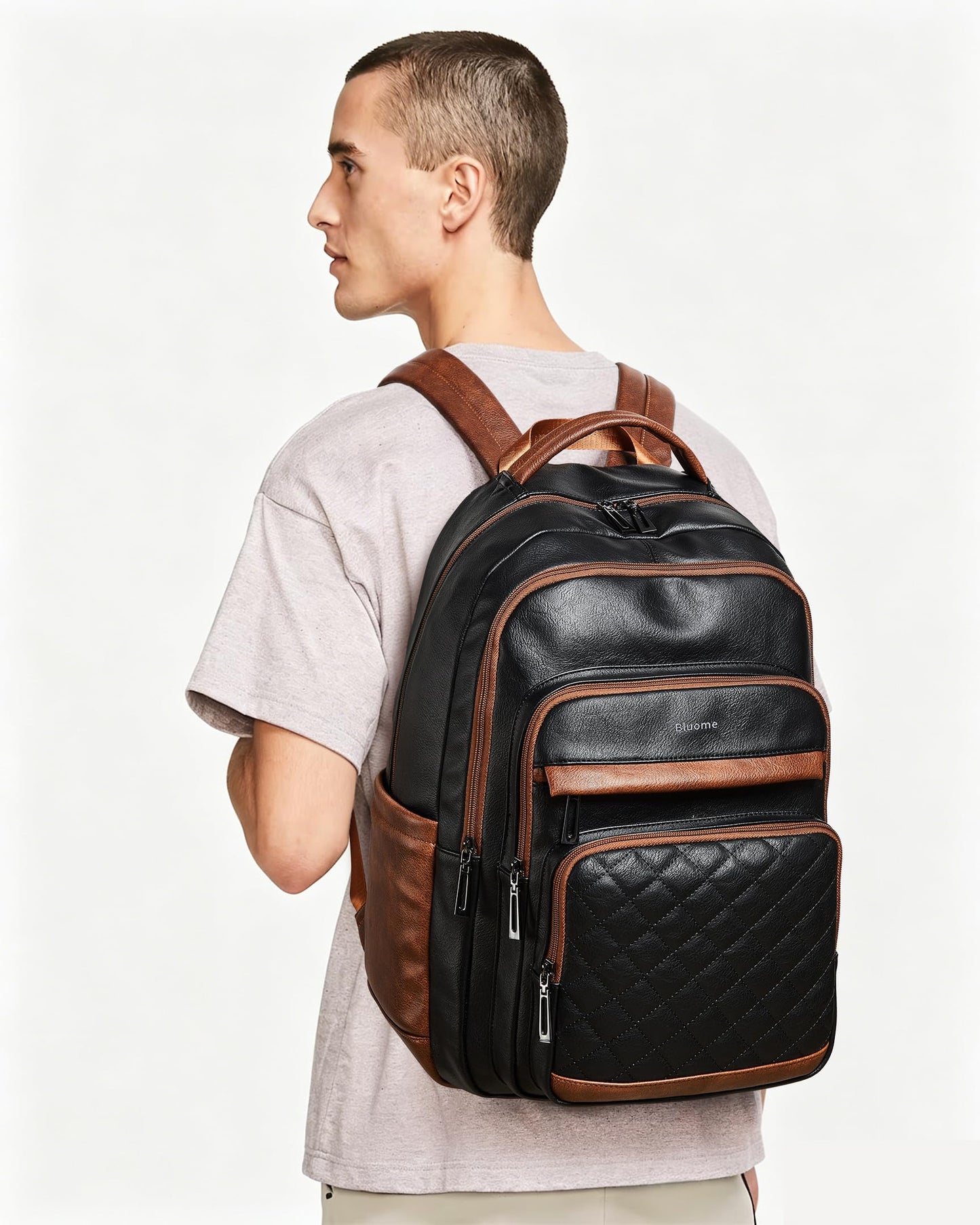 Bluome 43L Work Backpack for Women Men, Laptop Vegan Leather Backpack Purse with 15.6–17 Inch Laptop, Multi-Pocket Bookbag for Office Travel Gym Weekend Overnight Bag, Black&Brown
