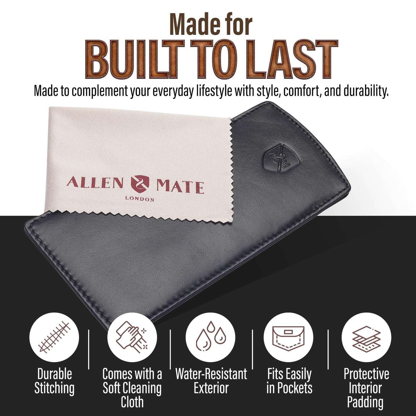 ALLEN & MATE 100% Leather Slim Glasses Case for Reading and Computer Glasses for Men & Women - Premium Black