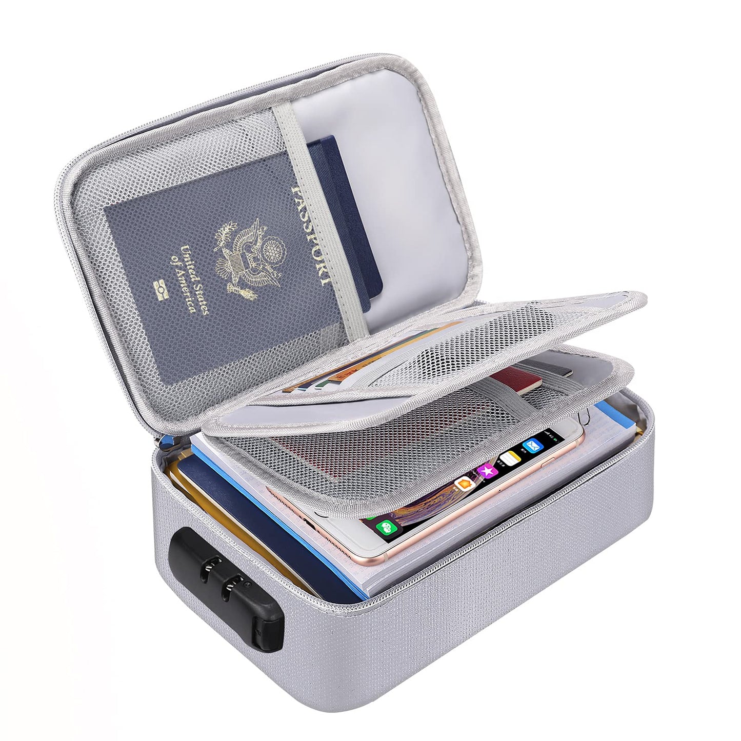 ENGPOW Small Fireproof Storage Organizer Case with Lock(9”x 5.3”x 3.7”), Soft Money Safe Coin Organizer Wallet Bag for Cash,Card,Passport,Check,Bill,Travel Home Organizer Carrying Case,Silver