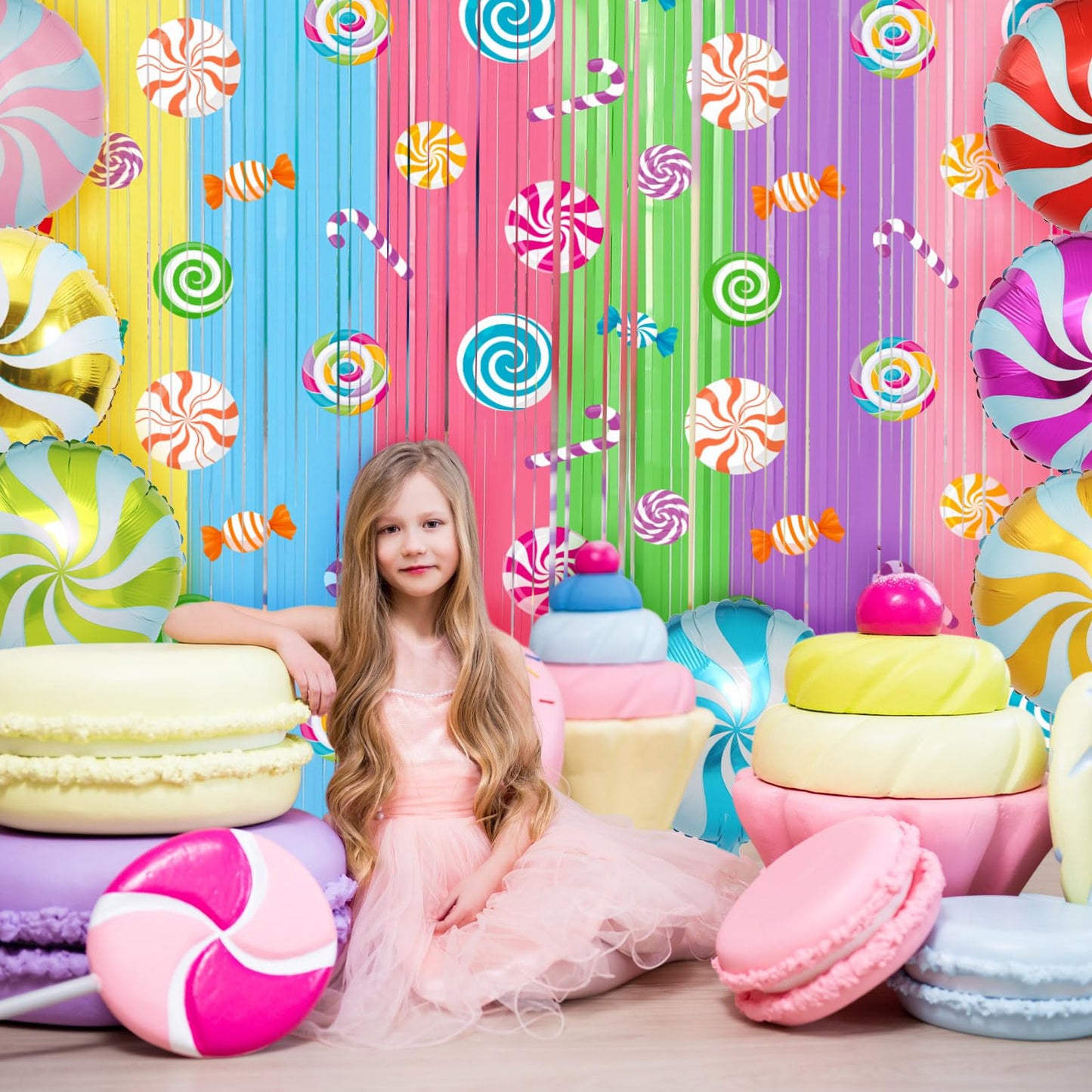 Blosssound Candy Party Decoration with 2 Packs 3.3 x 6.6 ft Candy Foil Fringe Curtain and 97 Pcs Sweet Balloons Garland Arch Kit with Lollipop Foil Balloon for Birthday Party Decorations Supplies