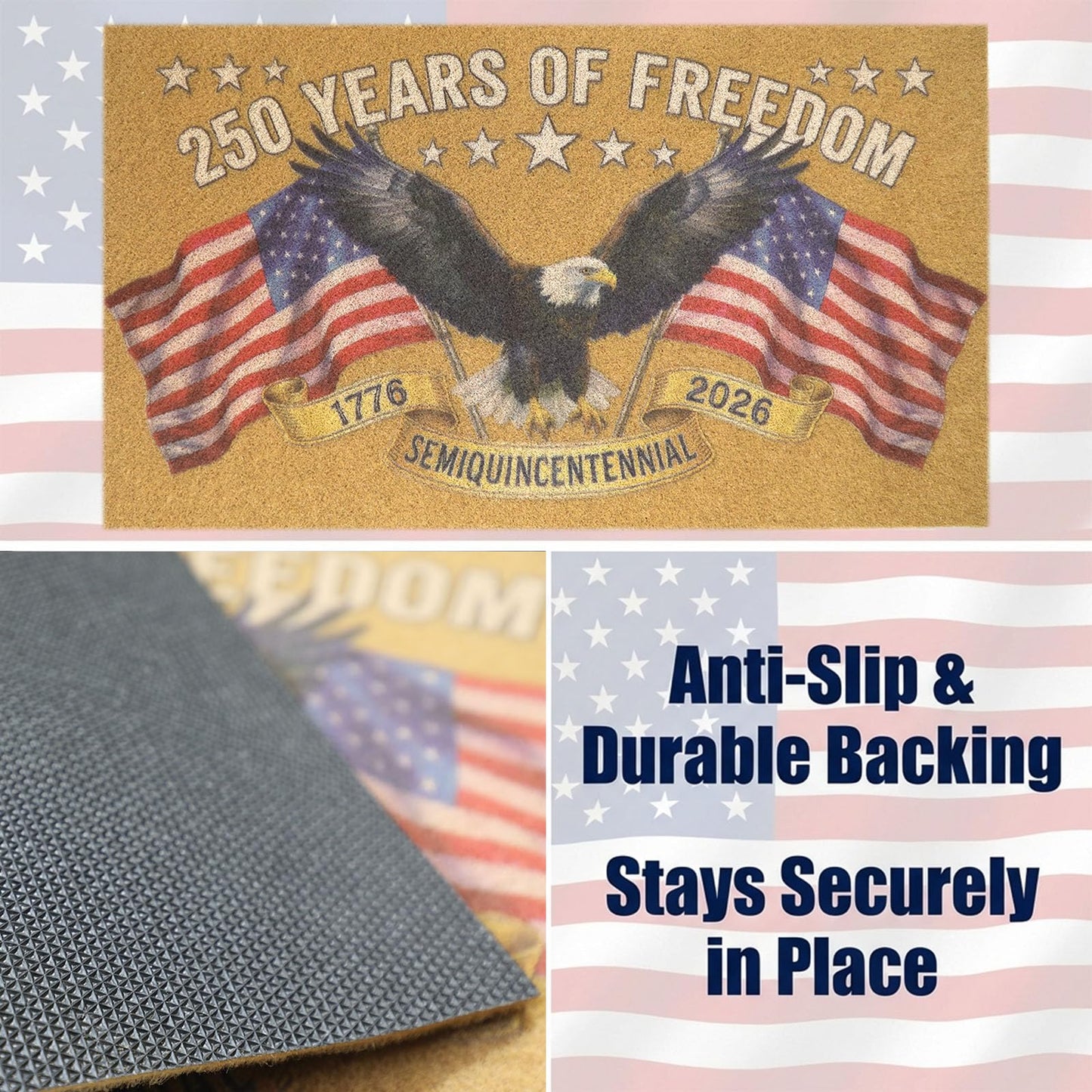Patriotic Door Mat 250th Anniversary America USA Doormat,4th of July 17"x28" Patriotic Coir Mat with Bald Eagle & Stars Mat,Non-Slip Independence Day Freedom Memorial Day Porch Front Decor