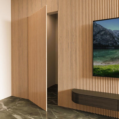 Art3d Slat Wood Wall Paneling for Interior and Ceiling Decoration - Pack of 4pcs + 1pc End-Trim, Size 108 x 5.7in.- Oak