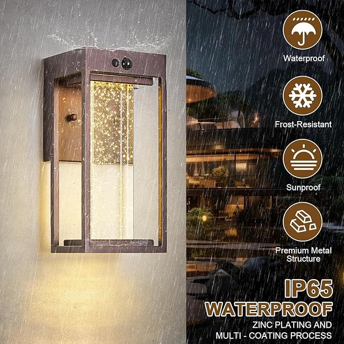 Oil Rubbed Bronze Solar Outdoor Wall Lights with 3 Modes Motion Sensor Crystal Exterior Sconces with 4000K 250LM LED Outside Coach Light for House Front Door Waterproof Dusk to Dawn Solar Porch Light