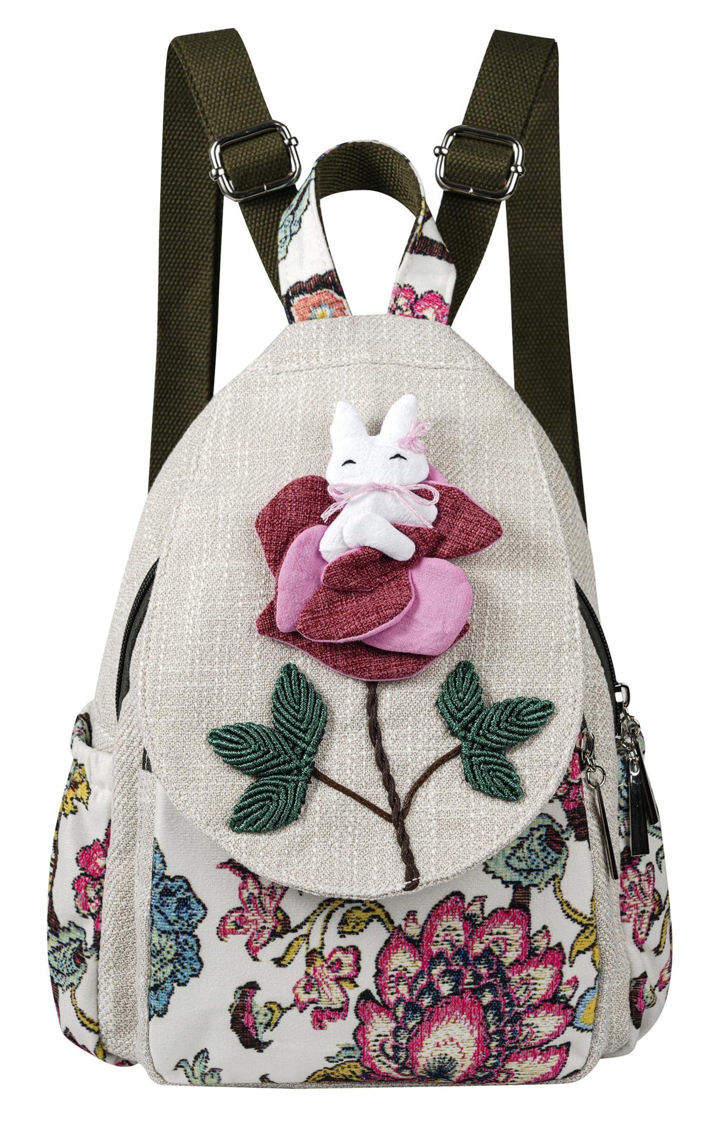 Qalmea Small Backpack for Women，Hippie Backpack Handmade Canvas Bags Casual Mini Handbag（Rabbit Pattern）
