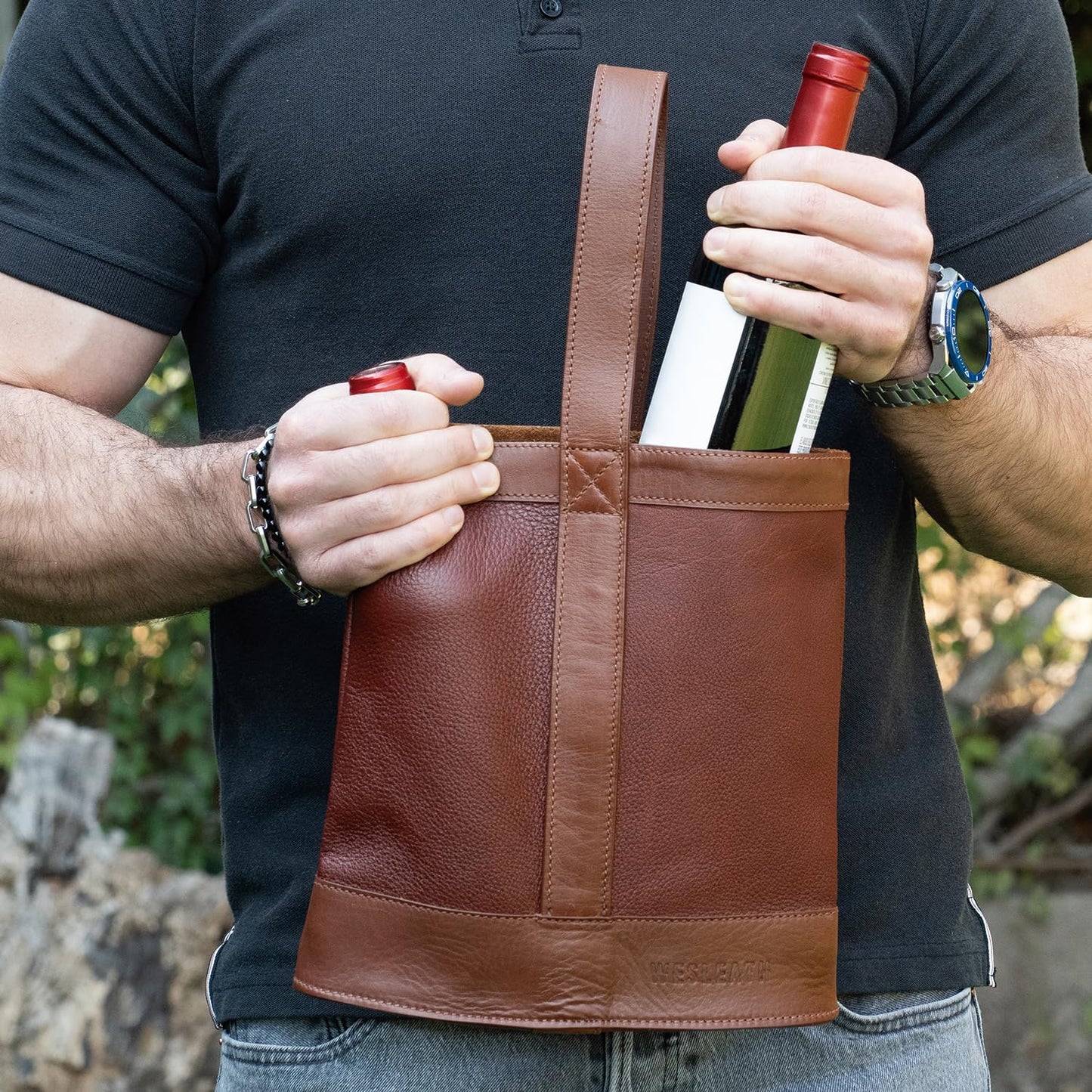 WESLEATH Double Wine Carrier Bag – Leather Wine Tote for Two Bottles with Handle – Protective Carrier for Picnic, Wine Champagne Gift Bag (Sunset)