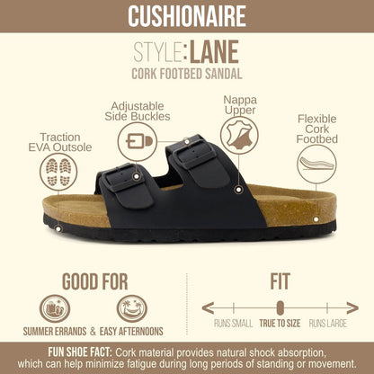 CUSHIONAIRE Lane Cork Footbed Womens Sandals Comfortable Double Buckle Slip On Sandals for Women with Arch Support and Classic Two Strap Design