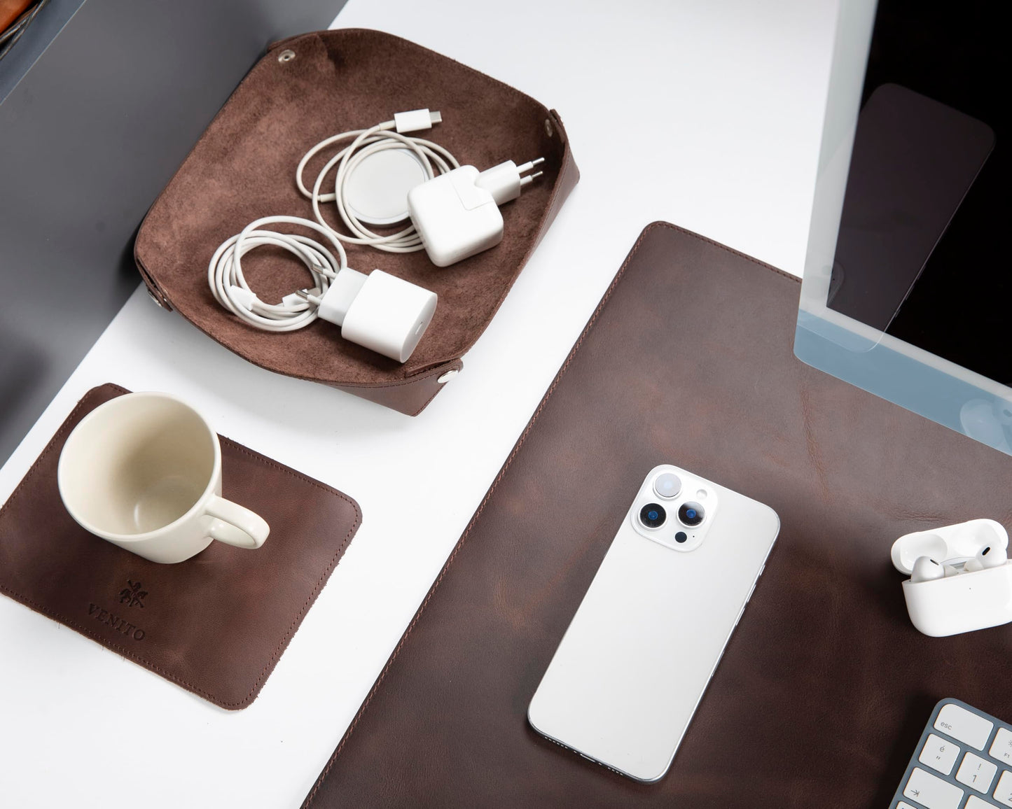 VENITO Leather 3-in-1 Desk Mat Set – Desk Mat (32"x16"), Organizer Tray & Cup Coaster – Full-Grain Leather Desk Pad for Office & Home – Elegant Workspace Accessories for Men & Women, Brown