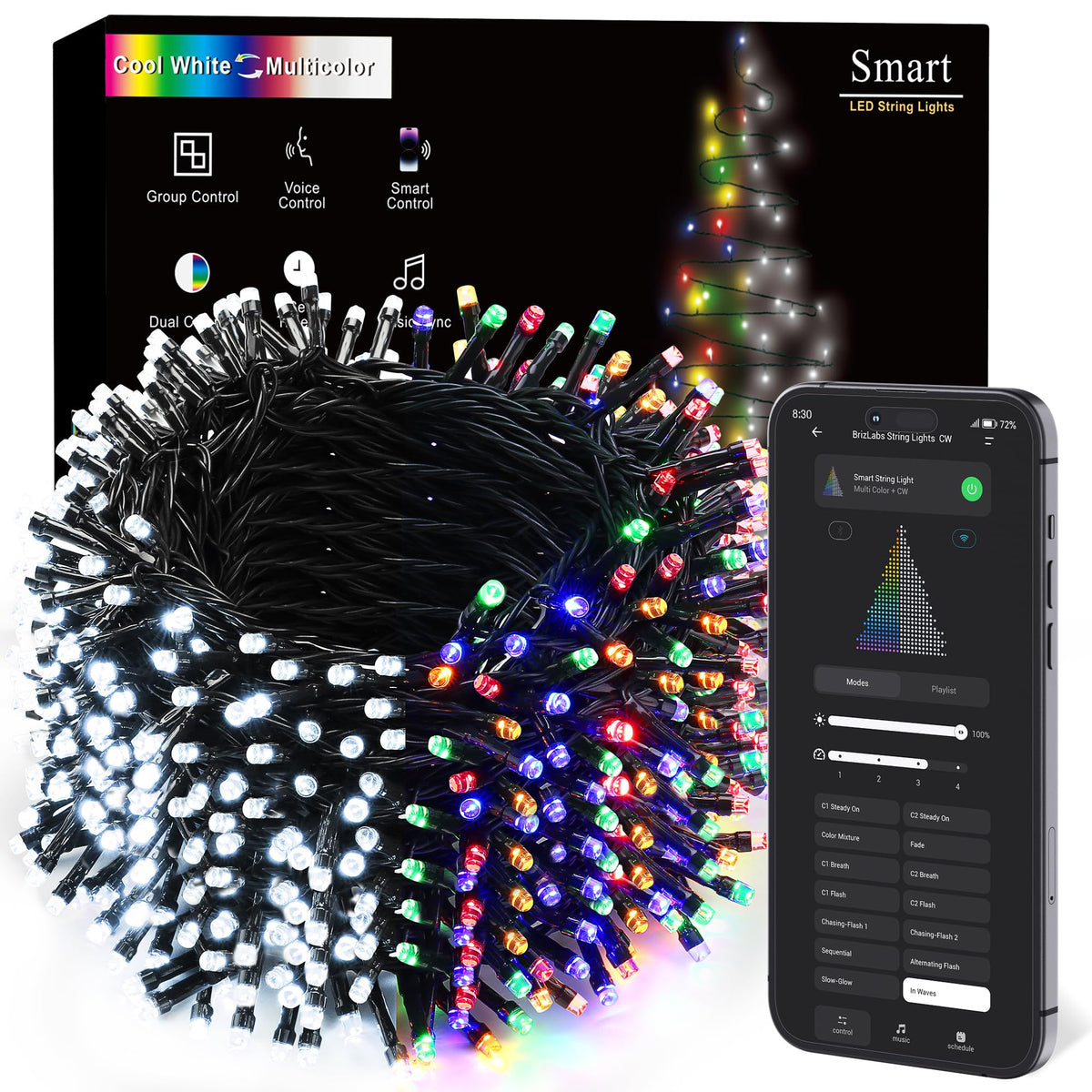 BrizLabs Smart Christmas Tree Lights, 262ft 800 LED Color Changing WiFi Christmas Lights Work with Alexa & Google Home, Cool White & Multicolor APP Xmas Light Music Sync Smart Light for Xmas Tree Home