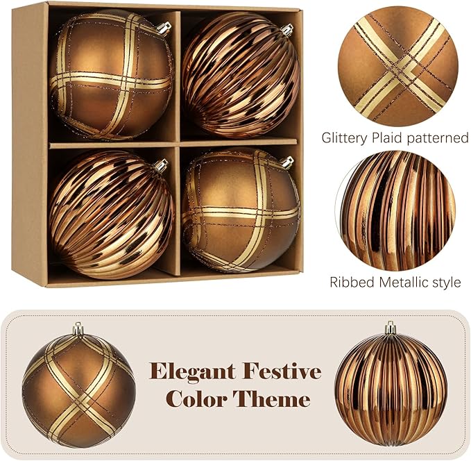 4.7" Large Plastic Christmas Balls Ornaments Set of 4, Glitter Shatterproof Christmas Bulbs Ornaments for Xmas Tree Decorations, Bronze & Brown Ornament for Tree, Mantel, Garland, Winter Holiday Decor