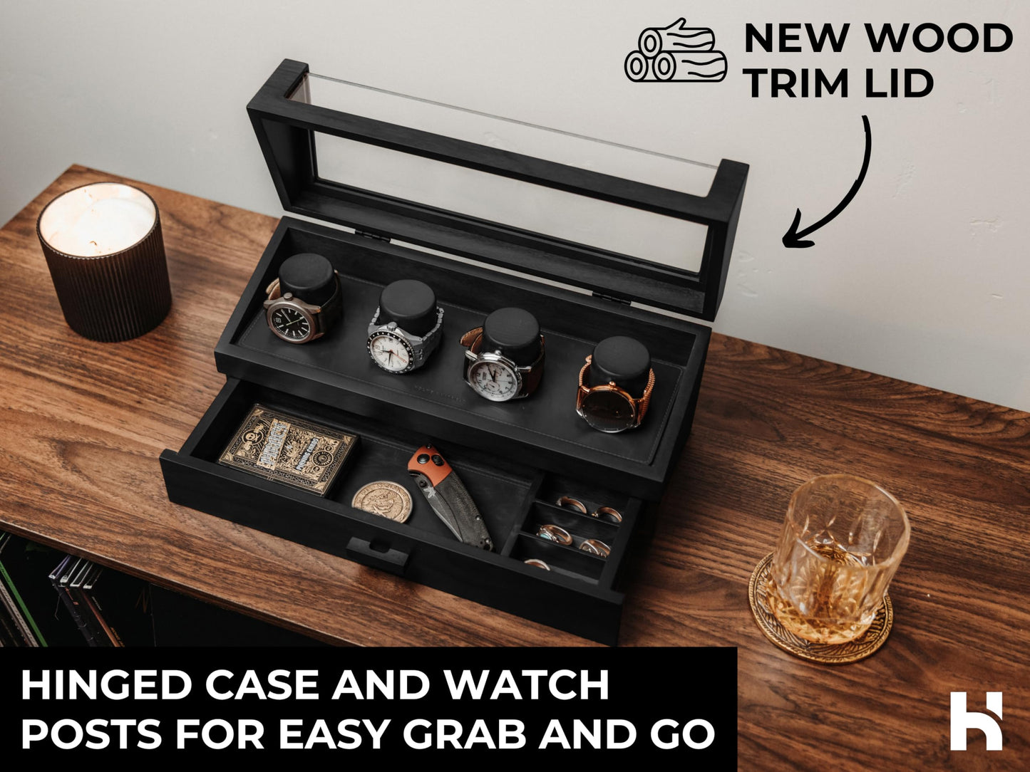 Premium 4 Slot Watch Box for Men (2026 Upgraded) – Wooden Watch Display Case with Hinged Wood Cover, Leather Lining & Drawer – Watch Organizer Stand – Handcrafted Luxury Father's Day Present for Men