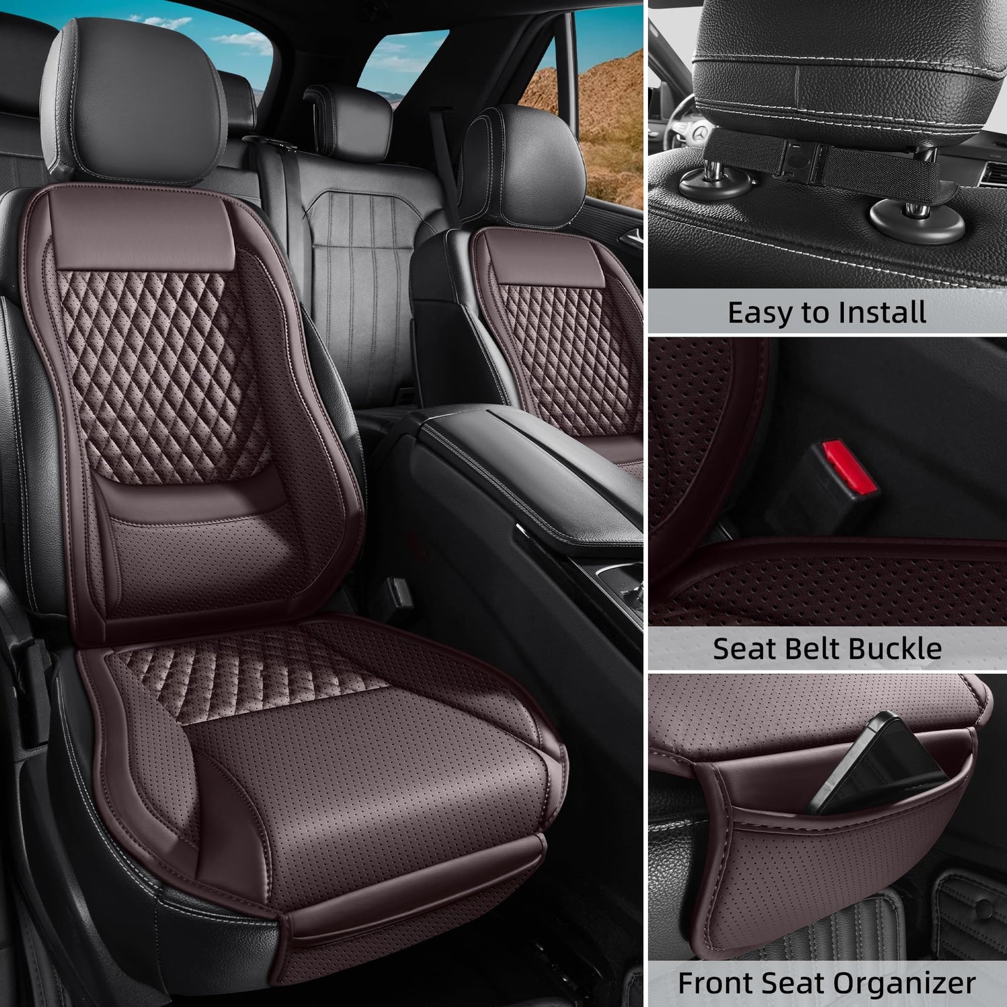 AuraSettle Premium Perforated Napa Leather Car Seat Covers Semi Universal Fit with Lumbar Support, Storage Bag for SUV Sedan Truck (Coffee Brown, Front Row Two Seats)