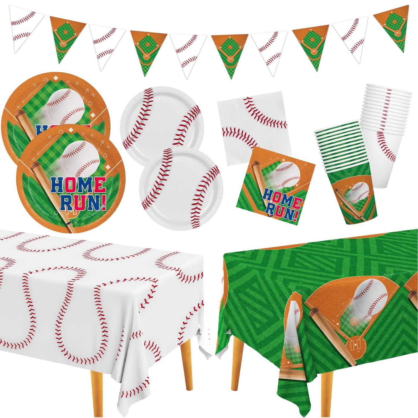 Baseball Party Supplies Kit for 24 - Complete with Dinner & Dessert Plates, Napkins, Cups, Banner & Tablecloth Baseball Birthday & Gameday Celebrations，Baseball Party Decorations & Favors