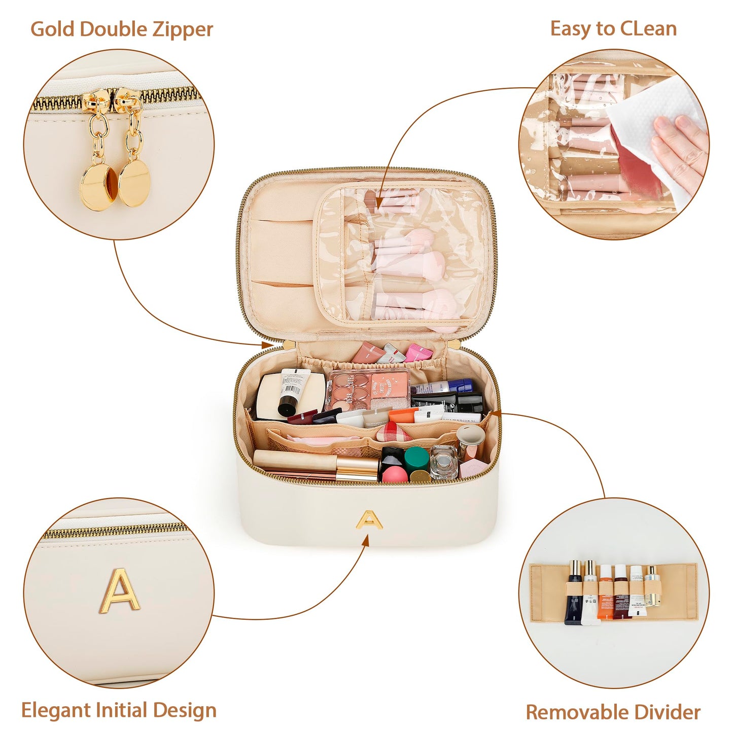 CLOUDWINGS Gifts for Women Travel Makeup Bag Personalized Cosmetic Bag Portable Large Capacity Toiletry Bag(Beige-A)