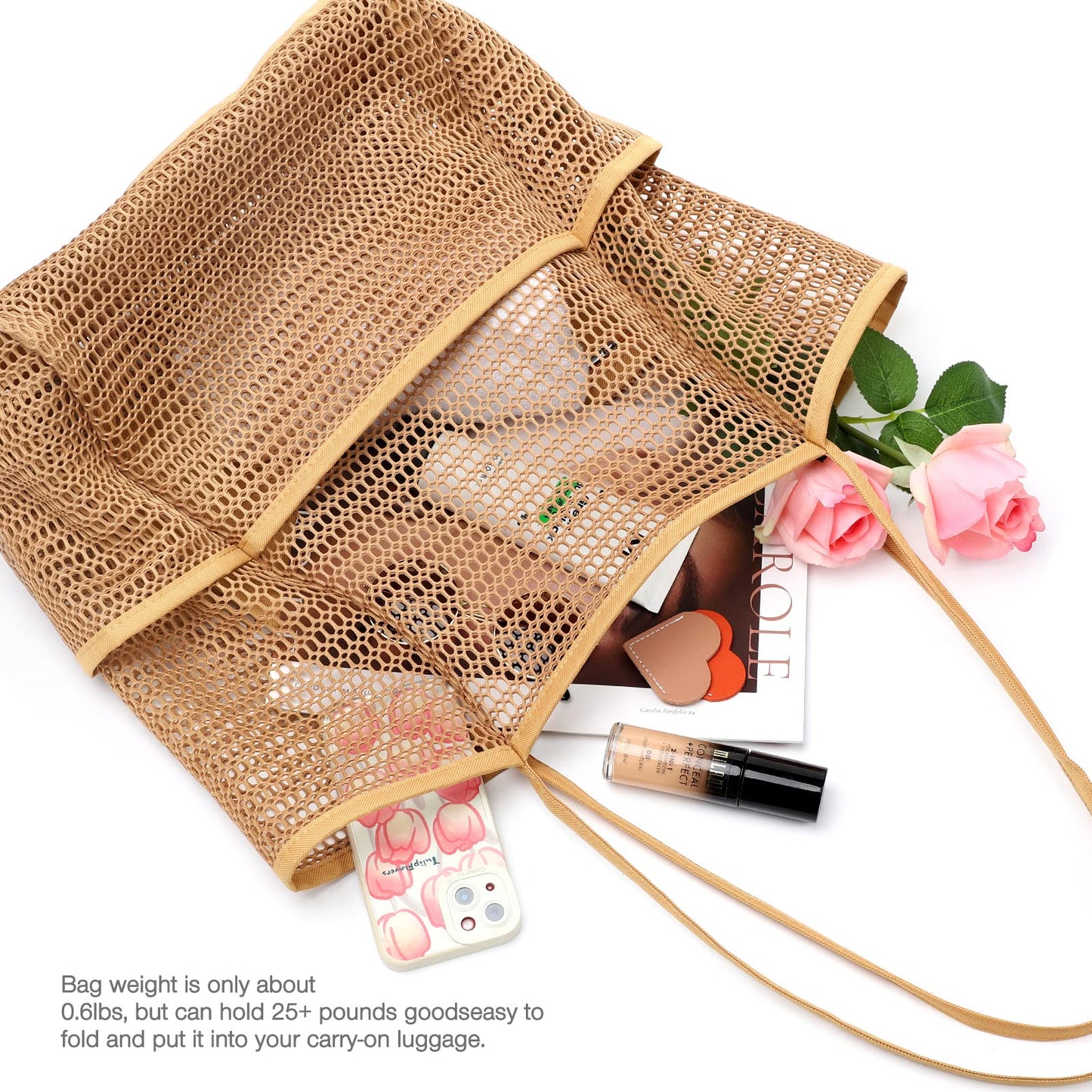 KPX Beach Bag with Mini Pocket, Summer Beach Tote Bags for Women Large Foldable Mesh Swimming Pool Travel Bags - Sandproof(Khaki)