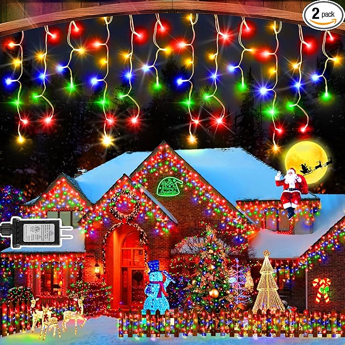 SAUIRS 2Pack 320 LED Christmas Lights Outdoor Decorations with 120 Drops Timer 8Mode 66FT Curtaing Lights Waterproof Plug in Fairy Lights for Indoor,Xmas,Party,Patio,Window,Trees Decor(Multicolor)