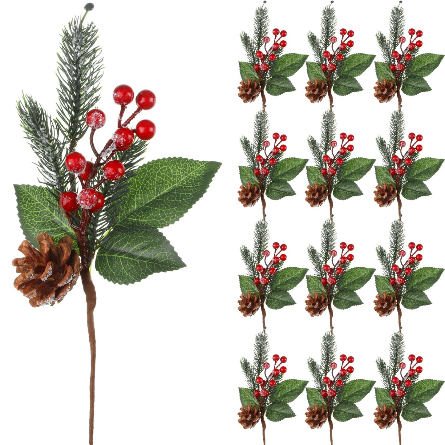 Boao 12 Pcs 11'' Large Christmas Pine Picks Tree Decoration Red Berry Picks and Sprays with Cone Artificial Fake Branches Snowy Floral Flower Holly Pine for Tree Crafts Decor Faux Stem