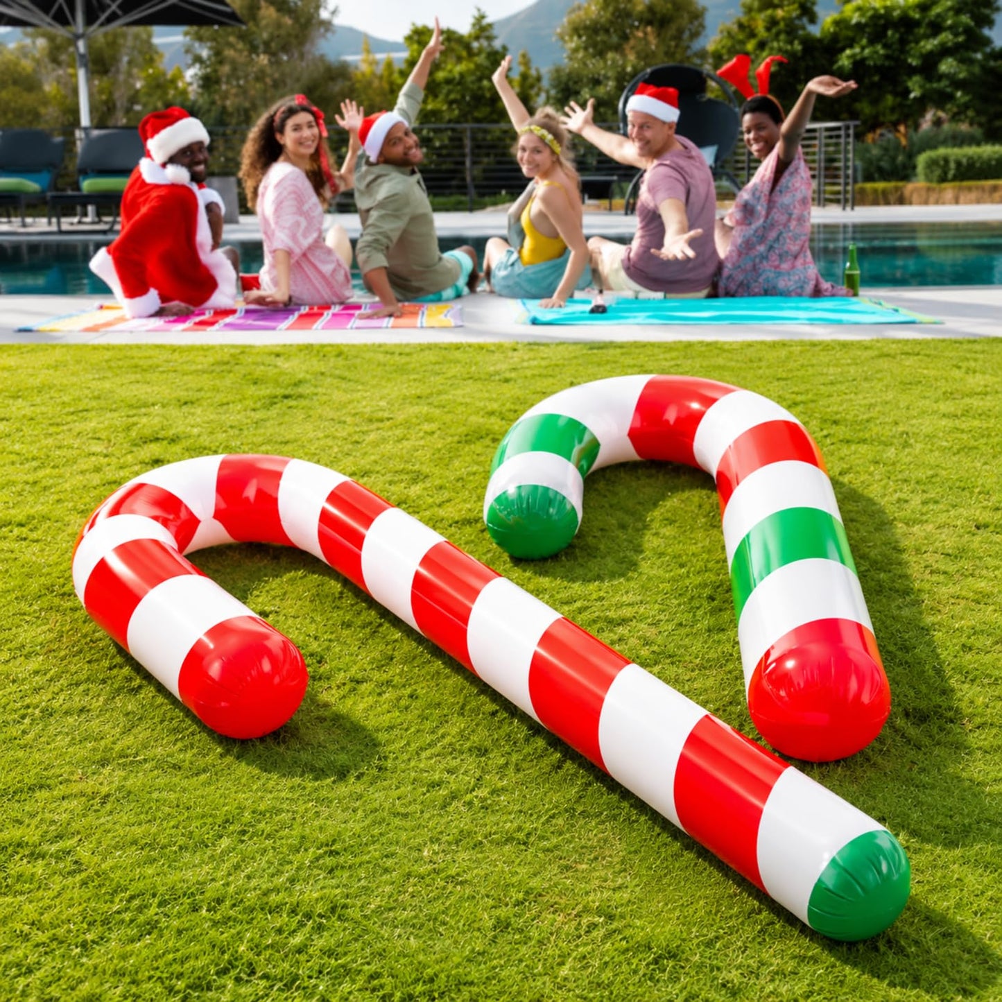 Rotatingpals 4 Pcs 54 Inch Christmas in July Inflatable Pool Noodle Floats Blow up Candy Cane Noodle Jumbo Candy Cane Swim Noodles for Xmas Holiday Yard Lawn Patio Garden Indoor Outdoor Decor Gifts